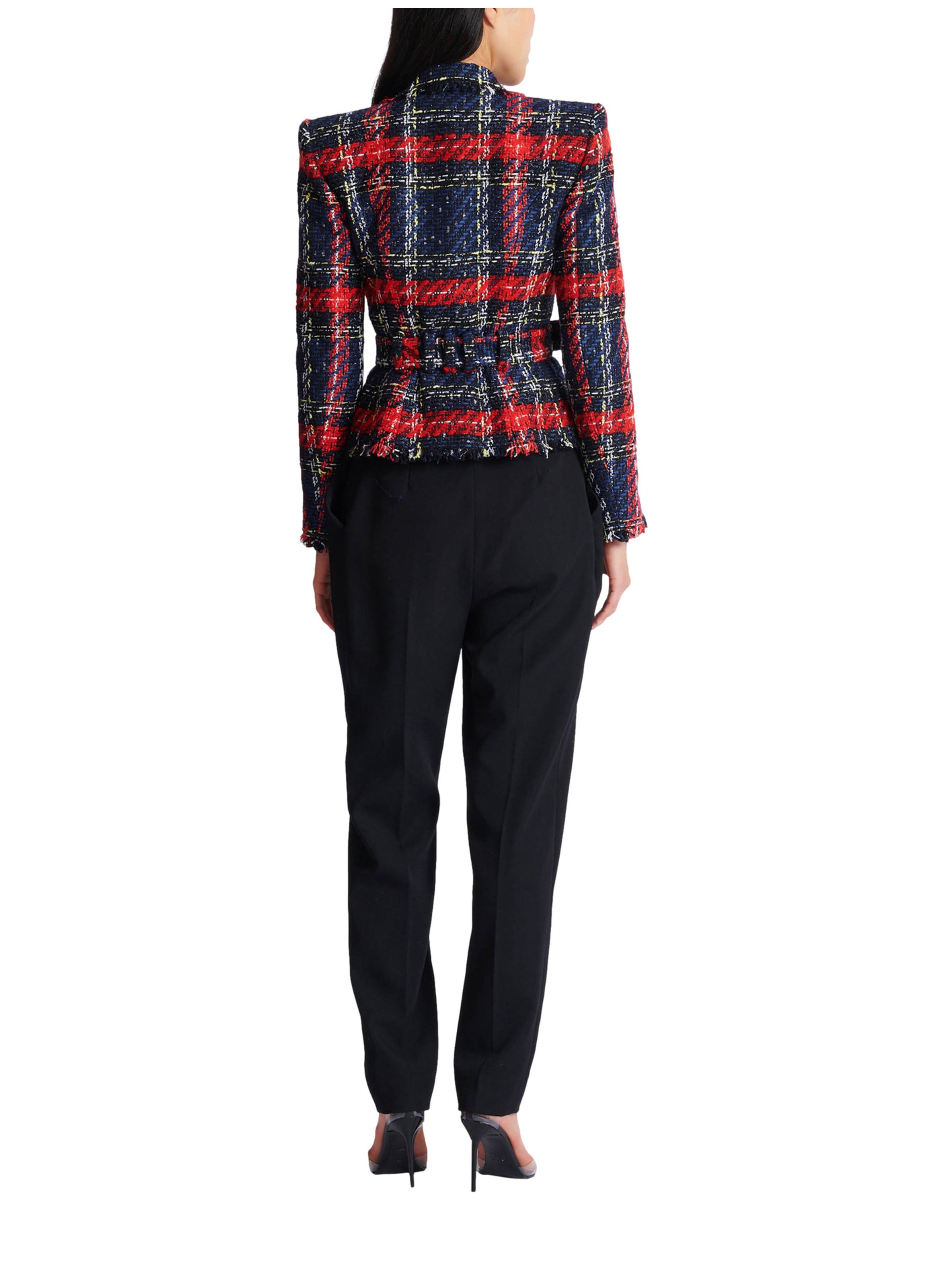 Veste ceinturée en tweed tartan BALMAIN Rouge