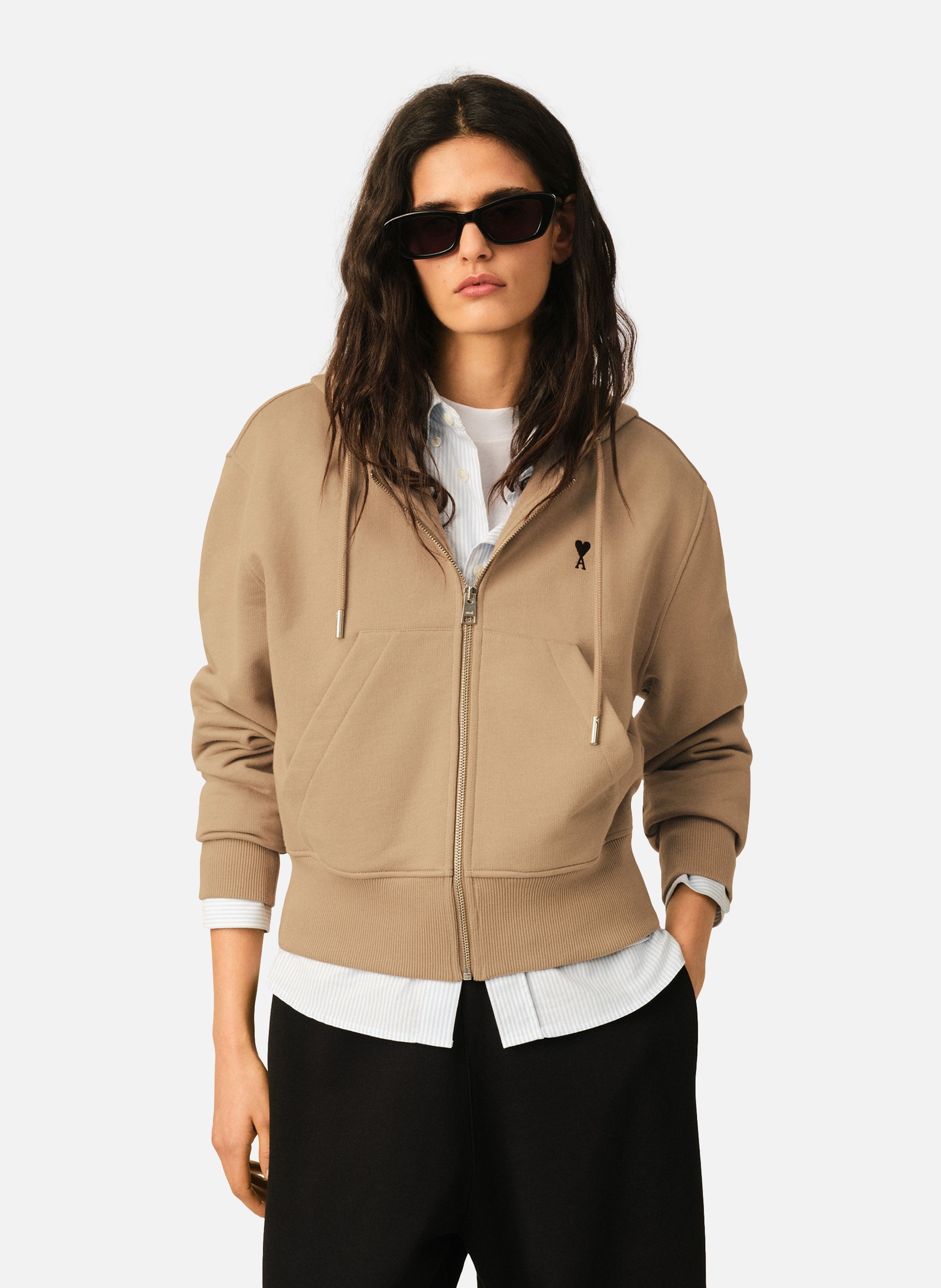 Hoodie zippé en coton ami de coeur AMI PARIS Beige