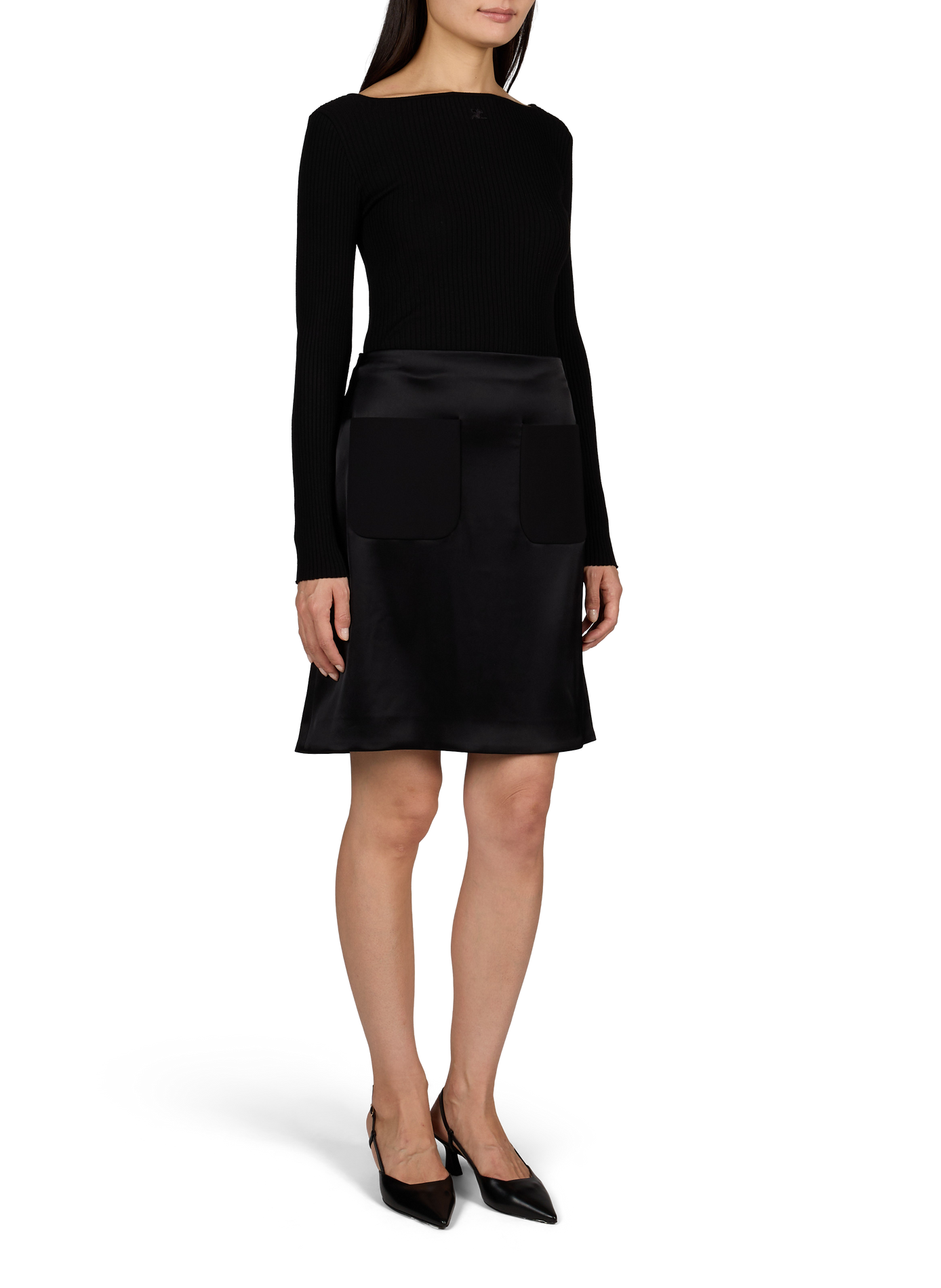 Short satin skirt with patch pockets COURRÈGES Black