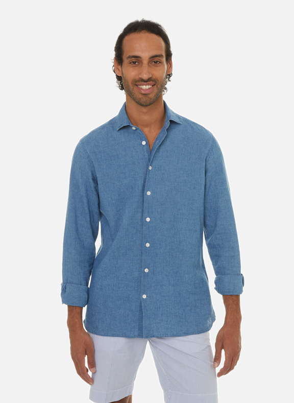 HACKETT Plain linen and cotton shirt Blue
