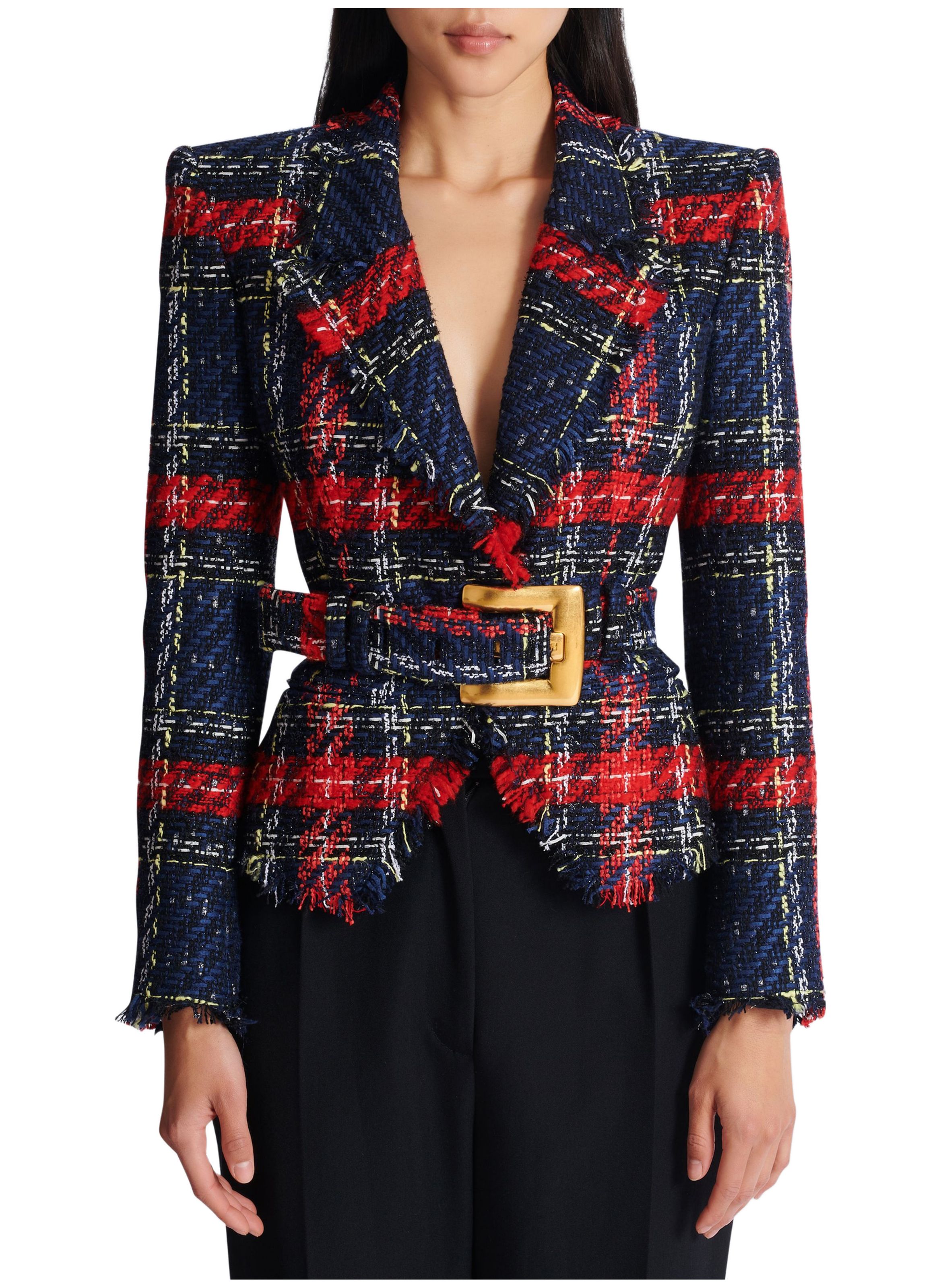 Veste ceinturée en tweed tartan BALMAIN Rouge