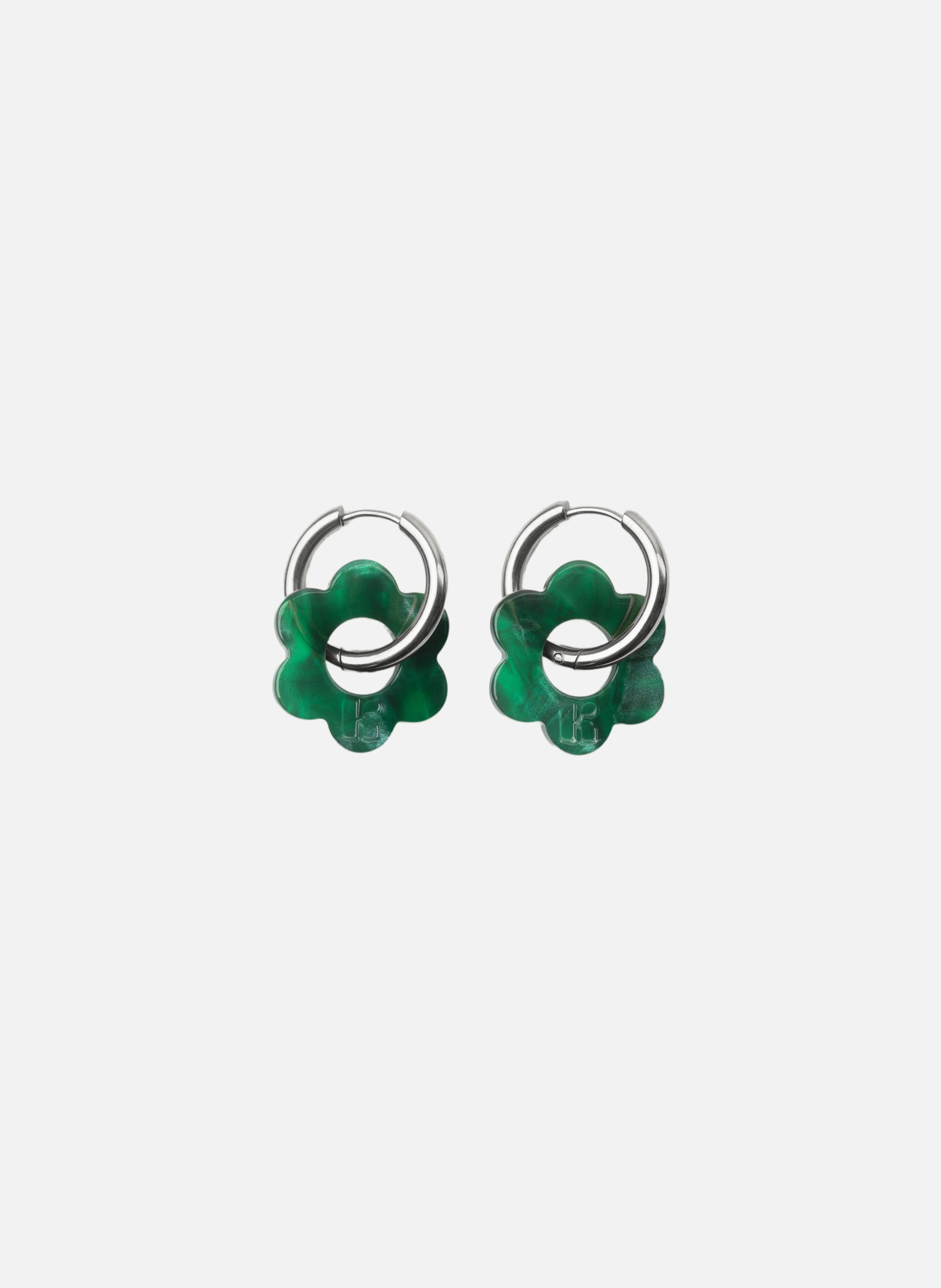 Boucles d'oreilles Baby Fleurette avec anneaux en acier inoxydable argenté  Vertes