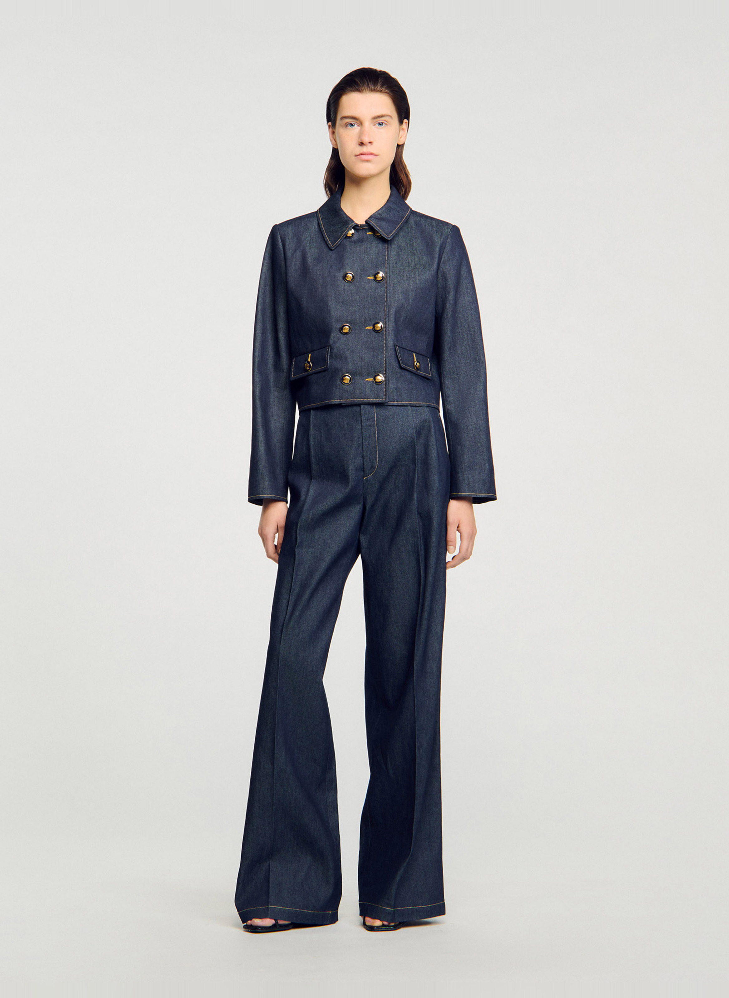 Jean large taille haute brut en coton Bleu