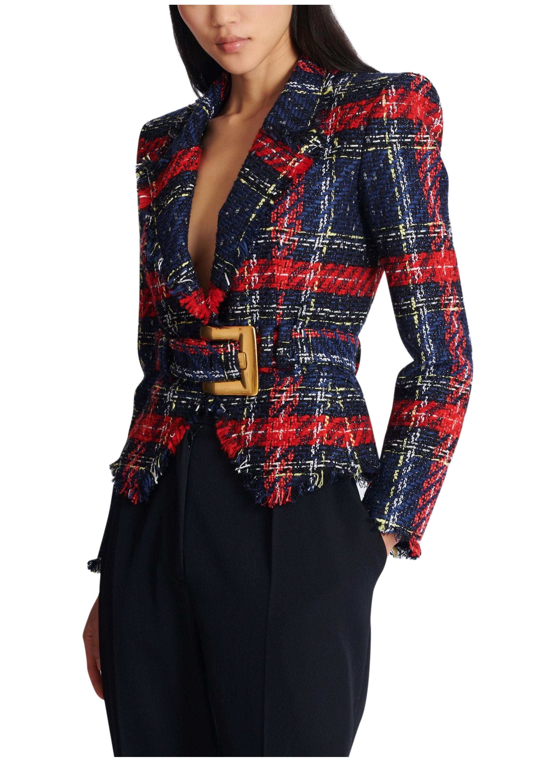 Veste ceinturée en tweed tartan BALMAIN Rouge