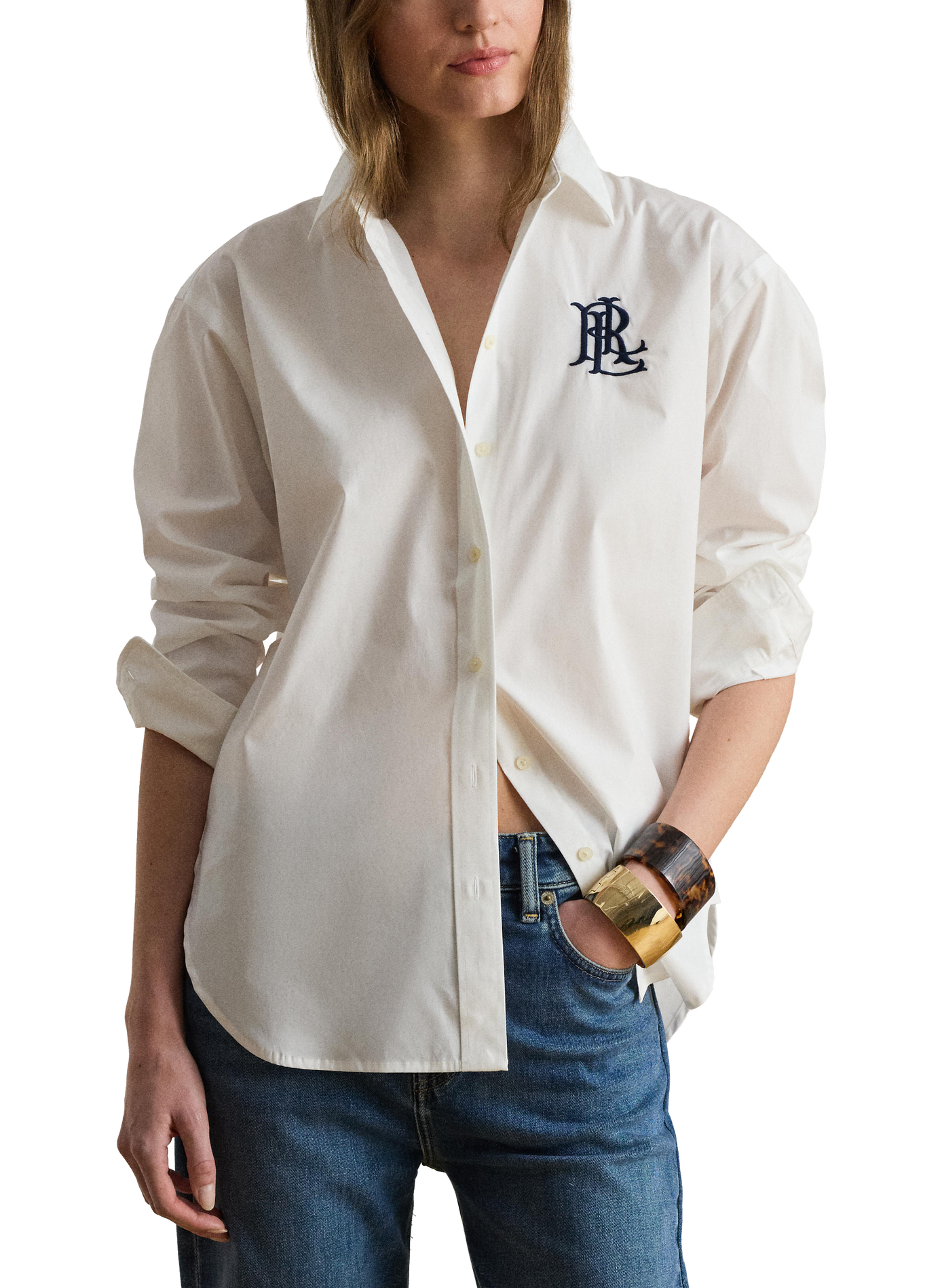 Shirt with embroidered logo in stretch cotton LAUREN White