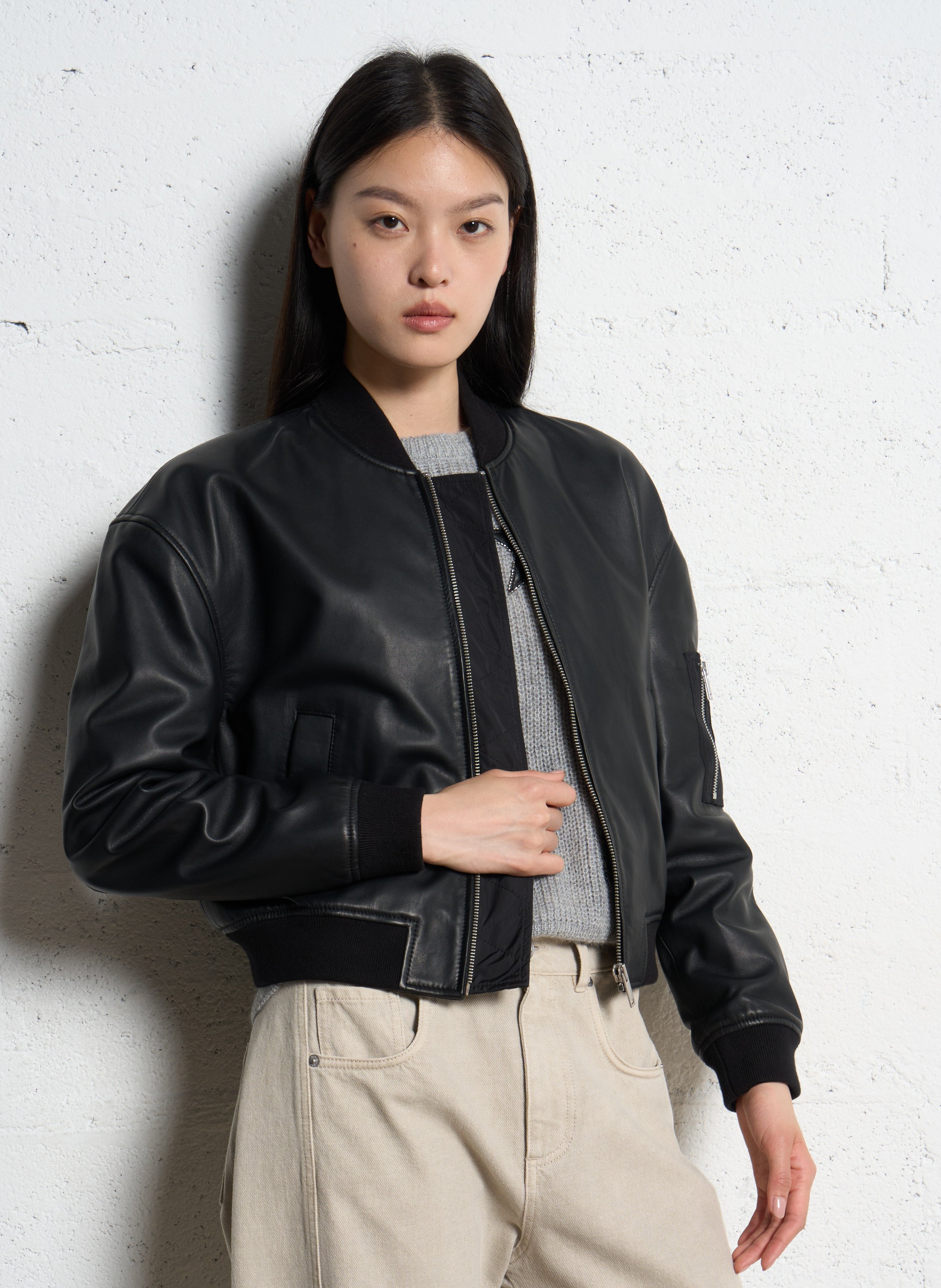 Blouson oversize col teddy en cuir IKKS Noir