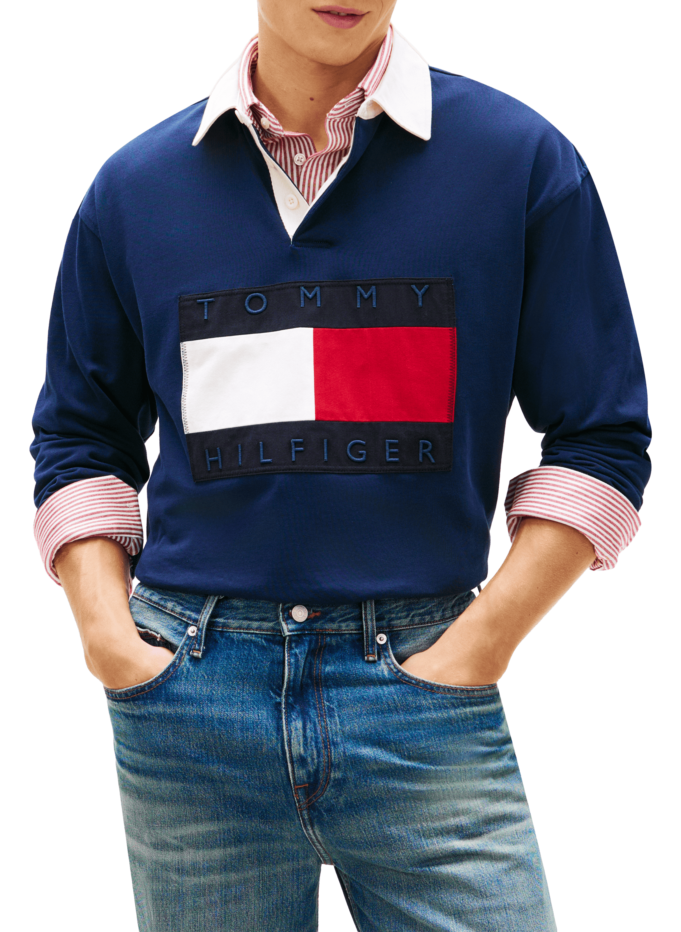 Polo manches longues à logo en coton TOMMY HILFIGER Bleu