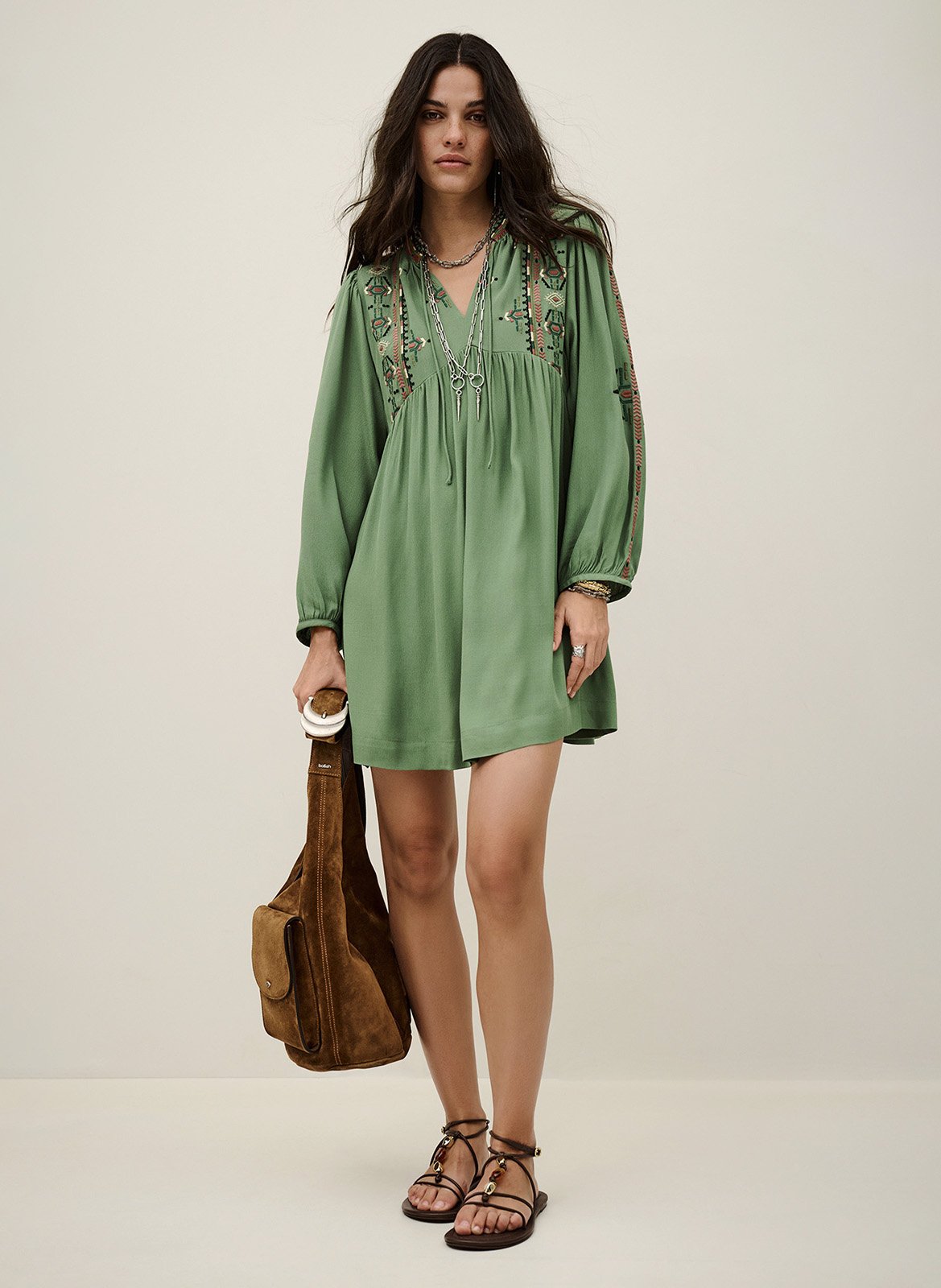 Robe courte ample brodée telma BA&SH Vert