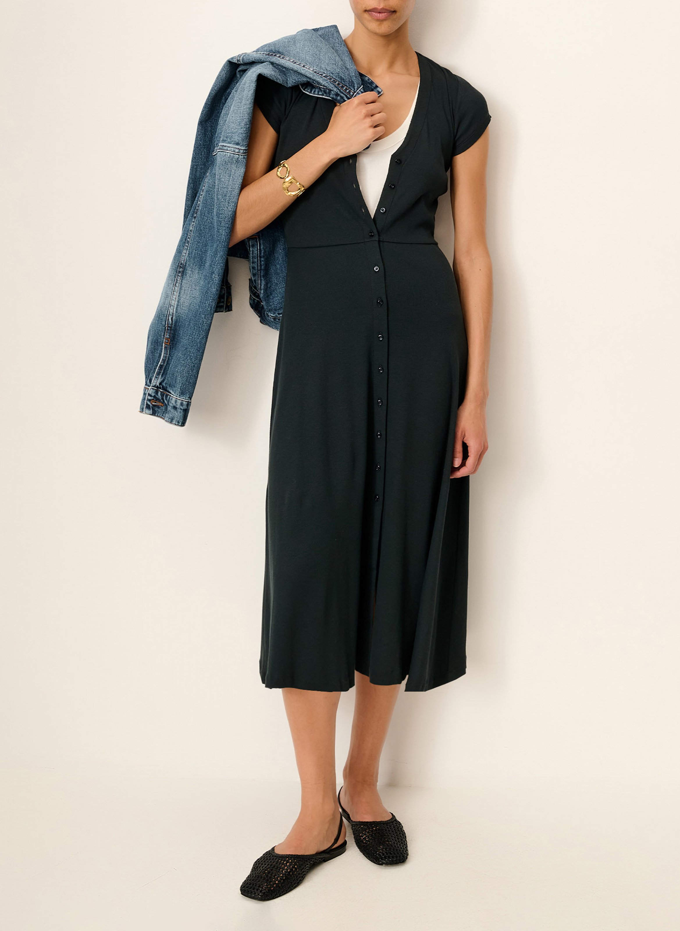 Robe midi droite encolure v en coton bio mélangé nea SESSUN Noir