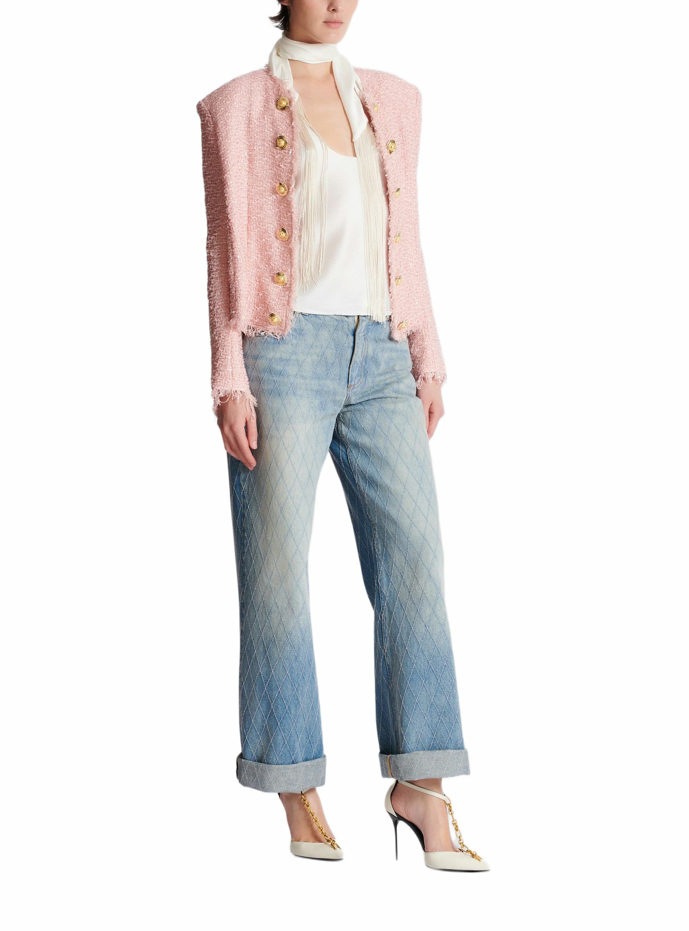 Veste bord à bord en tweed à sequins BALMAIN Rose