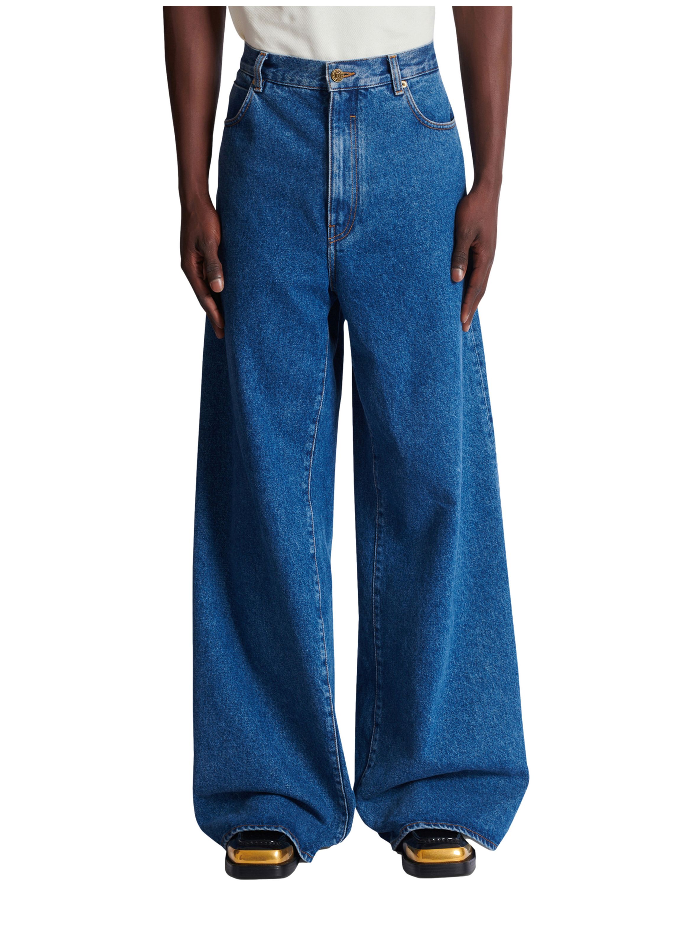 Pantalon large en denim bleu BALMAIN Bleu