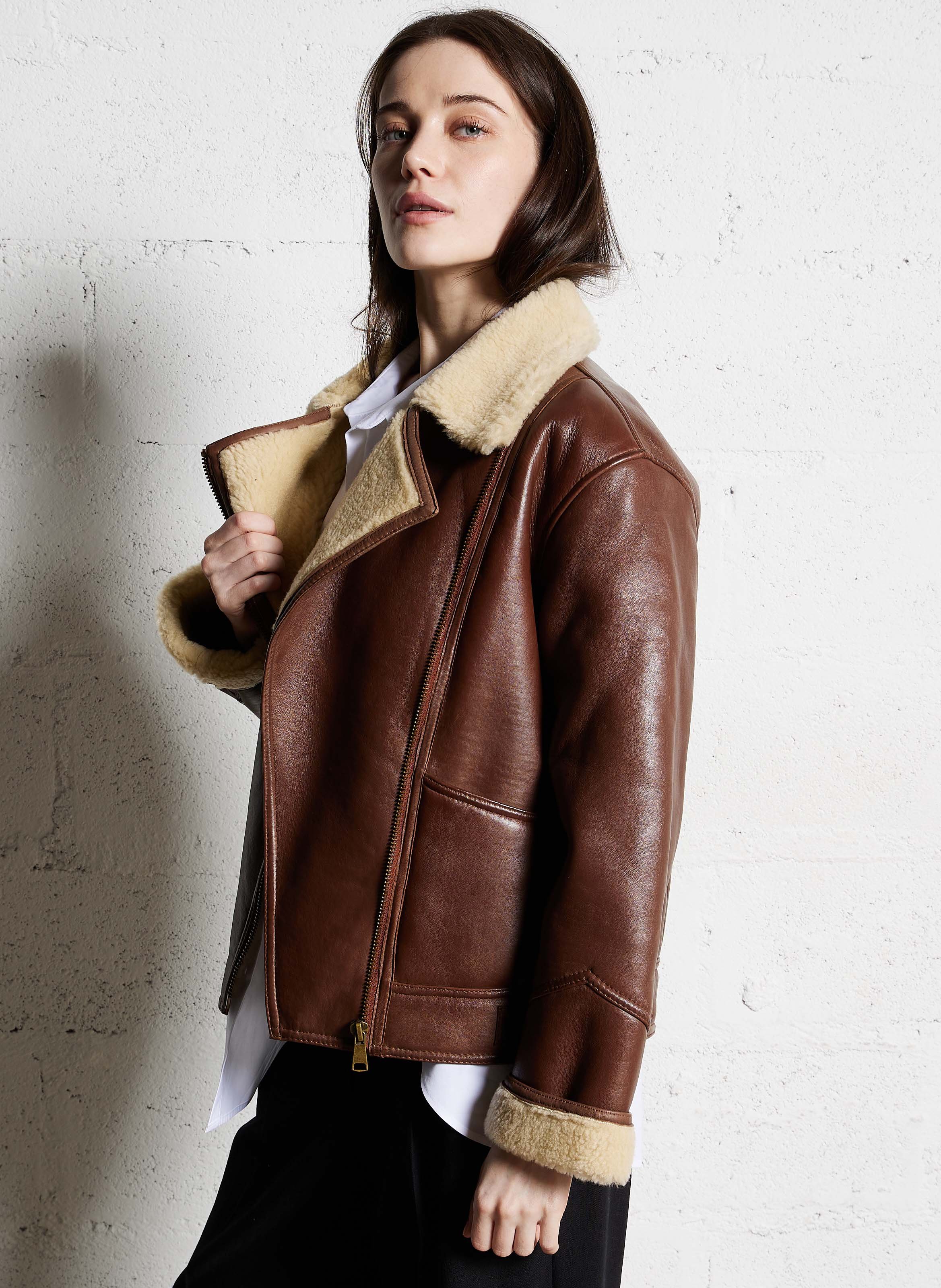 Veste droite en cuir folio MAISON 123 Marron