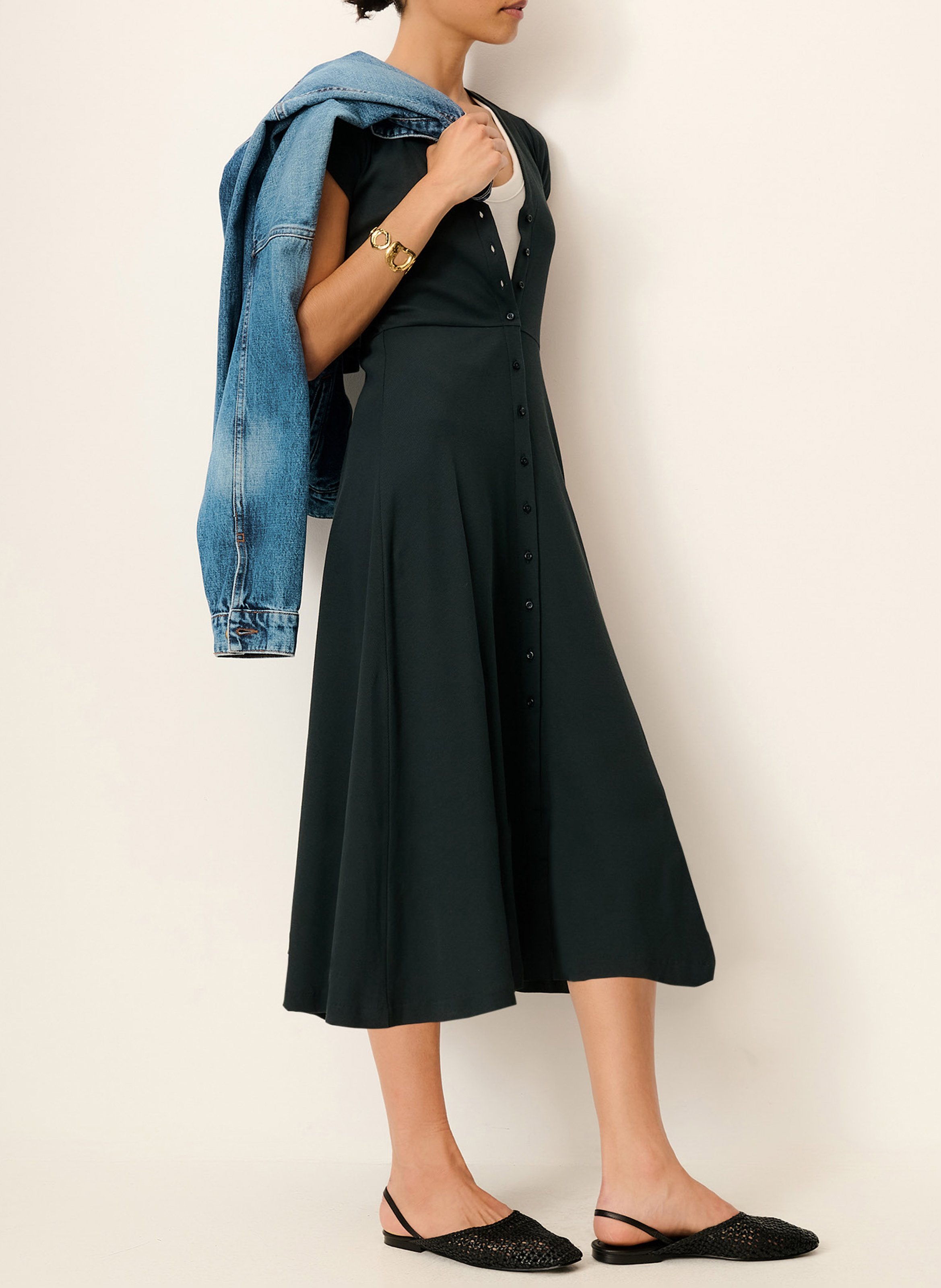 Robe midi droite encolure v en coton bio mélangé nea SESSUN Noir