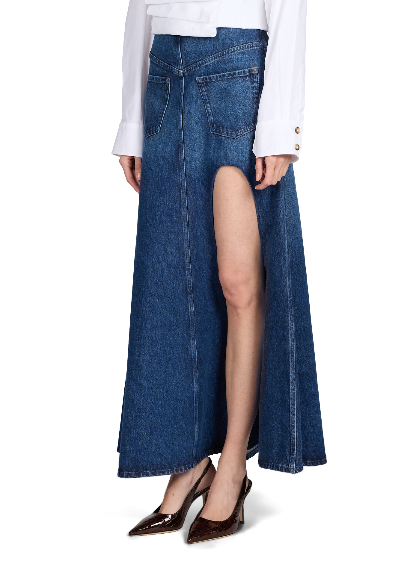 Falda acampanada con corte en denim de algodón A.W.A.K.E. MODE Azul