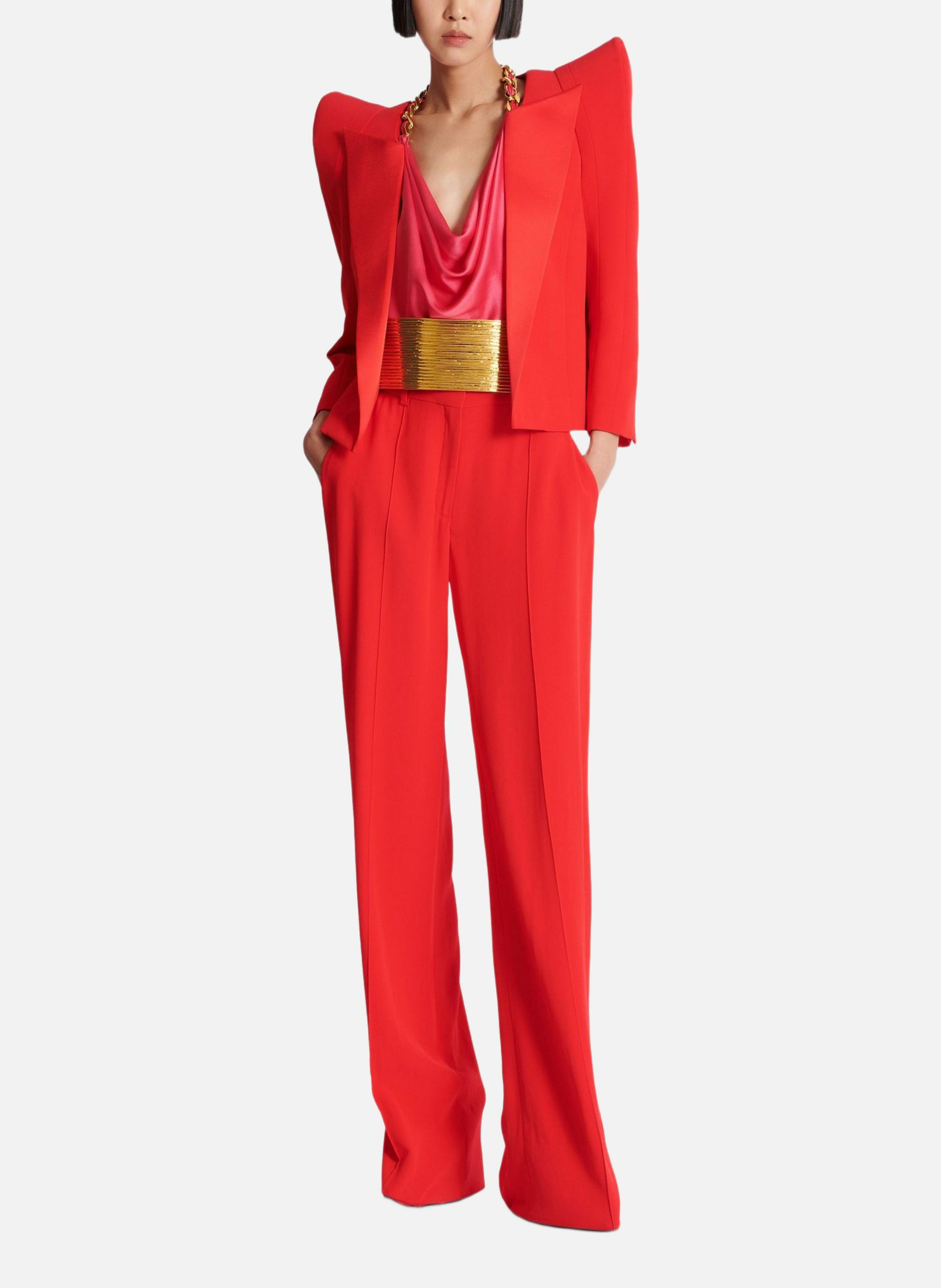 Pantalon tailleur droit en crêpe BALMAIN Rouge