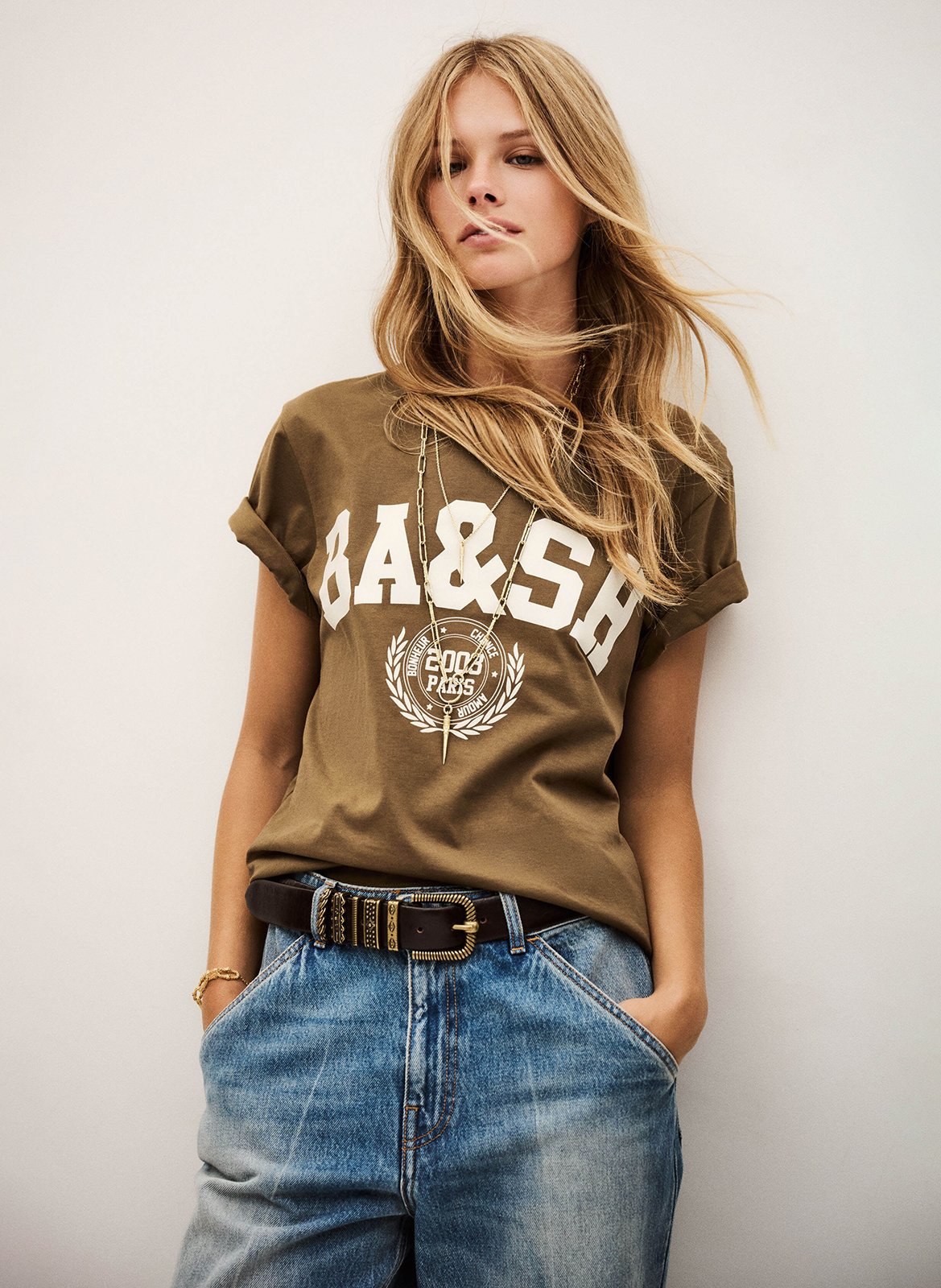 Tee-shirt droit col rond sérigraphié en coton ioni BA&SH Marron