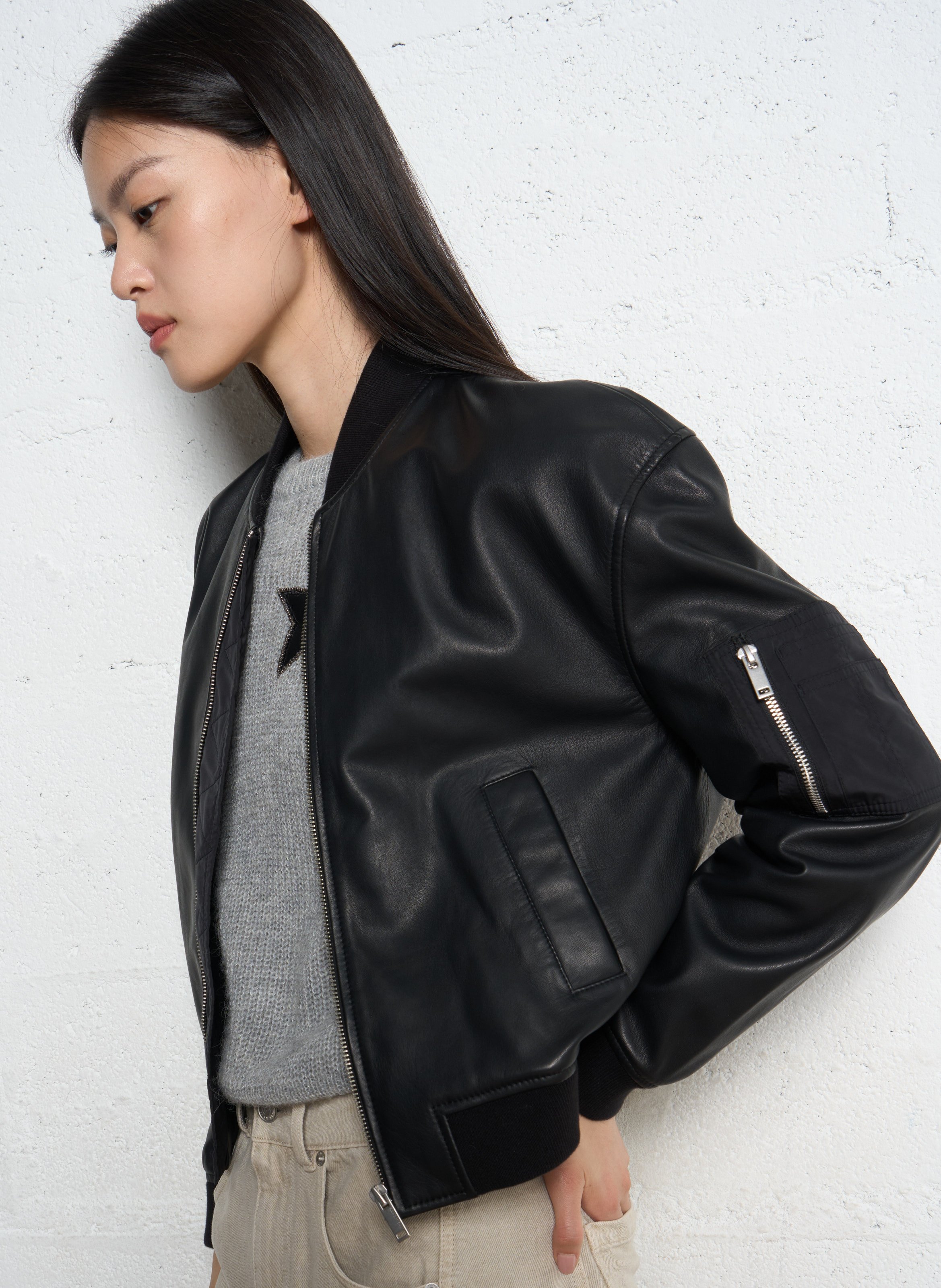 Blouson oversize col teddy en cuir IKKS Noir