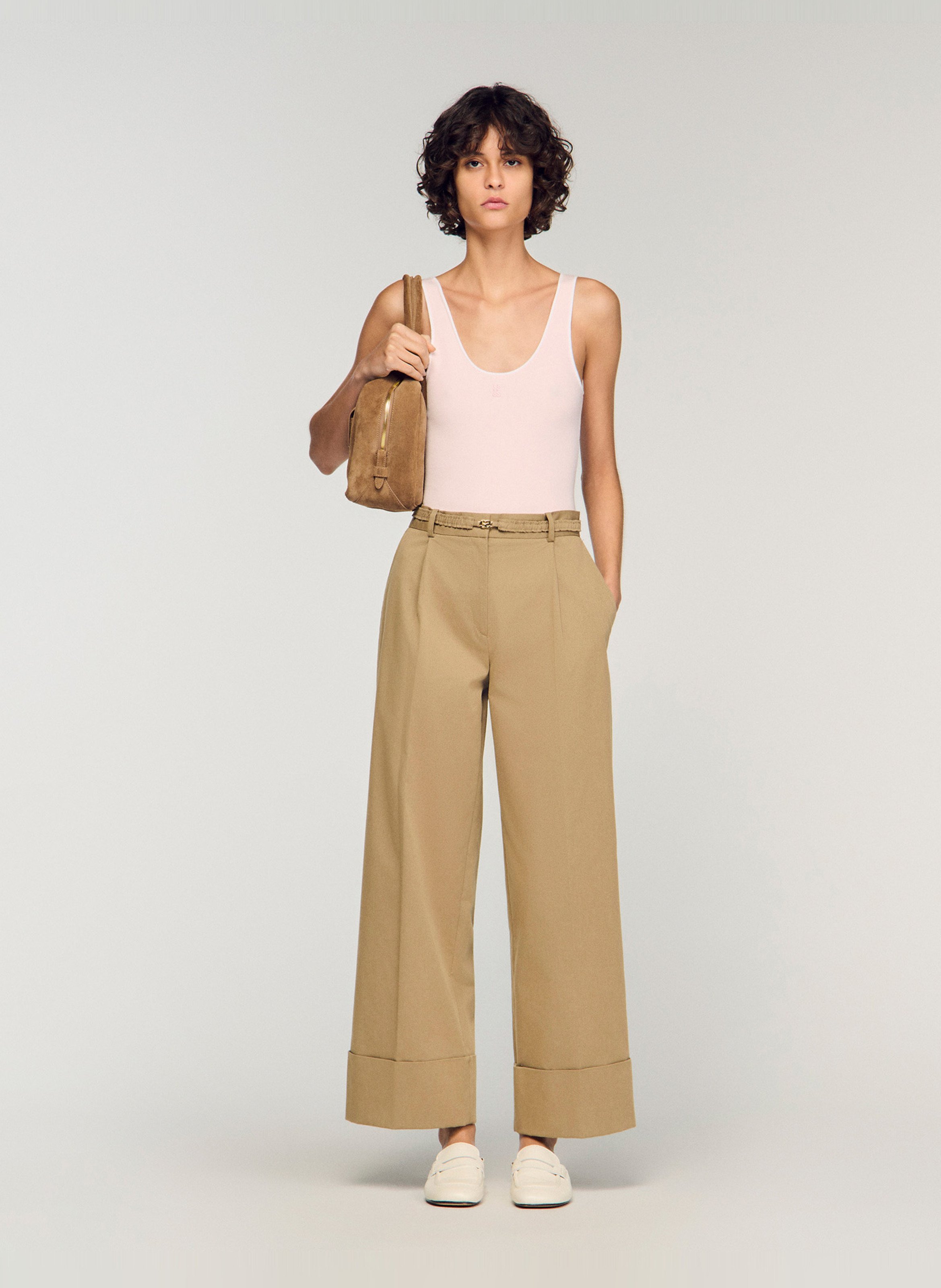 Pantalon large en coton mélangé SANDRO Beige