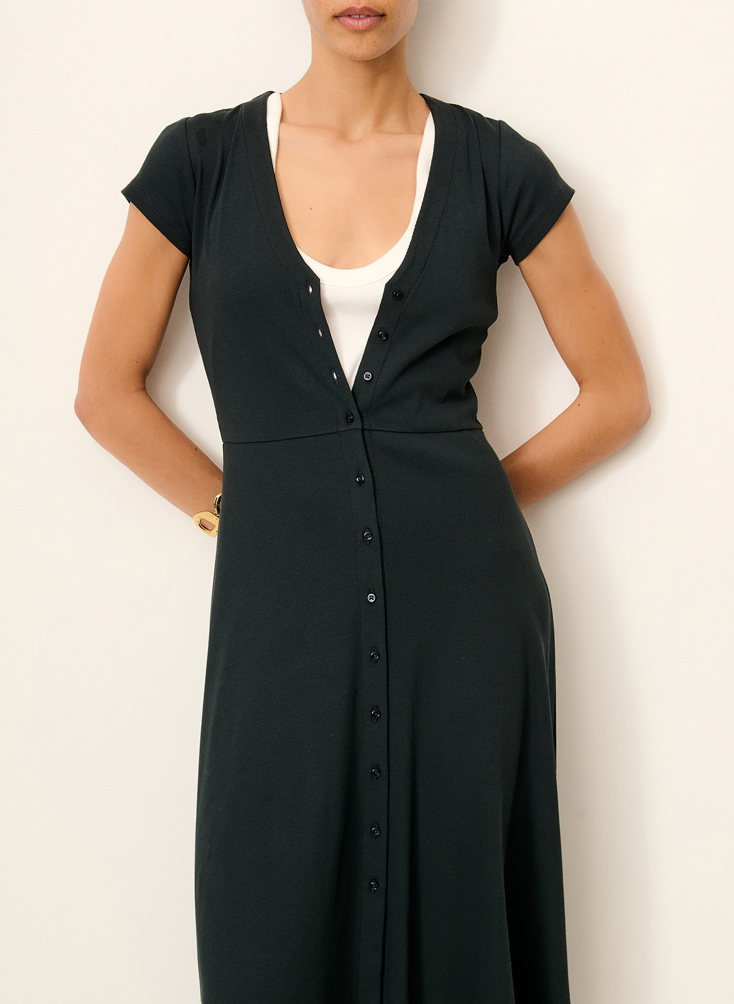 Robe midi droite encolure v en coton bio mélangé nea SESSUN Noir