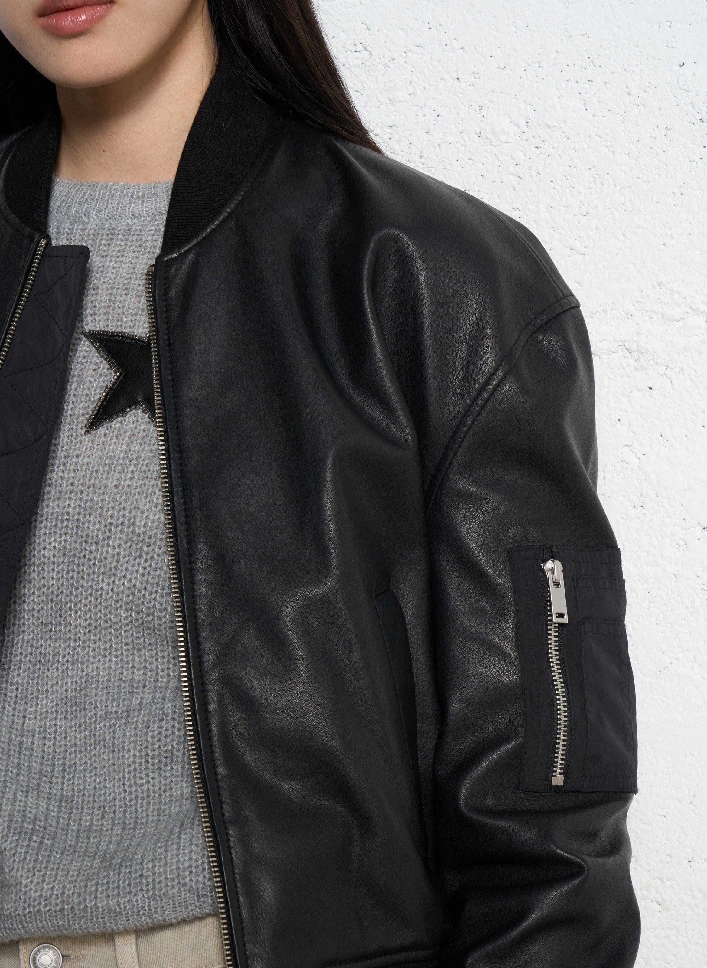 Blouson oversize col teddy en cuir IKKS Noir