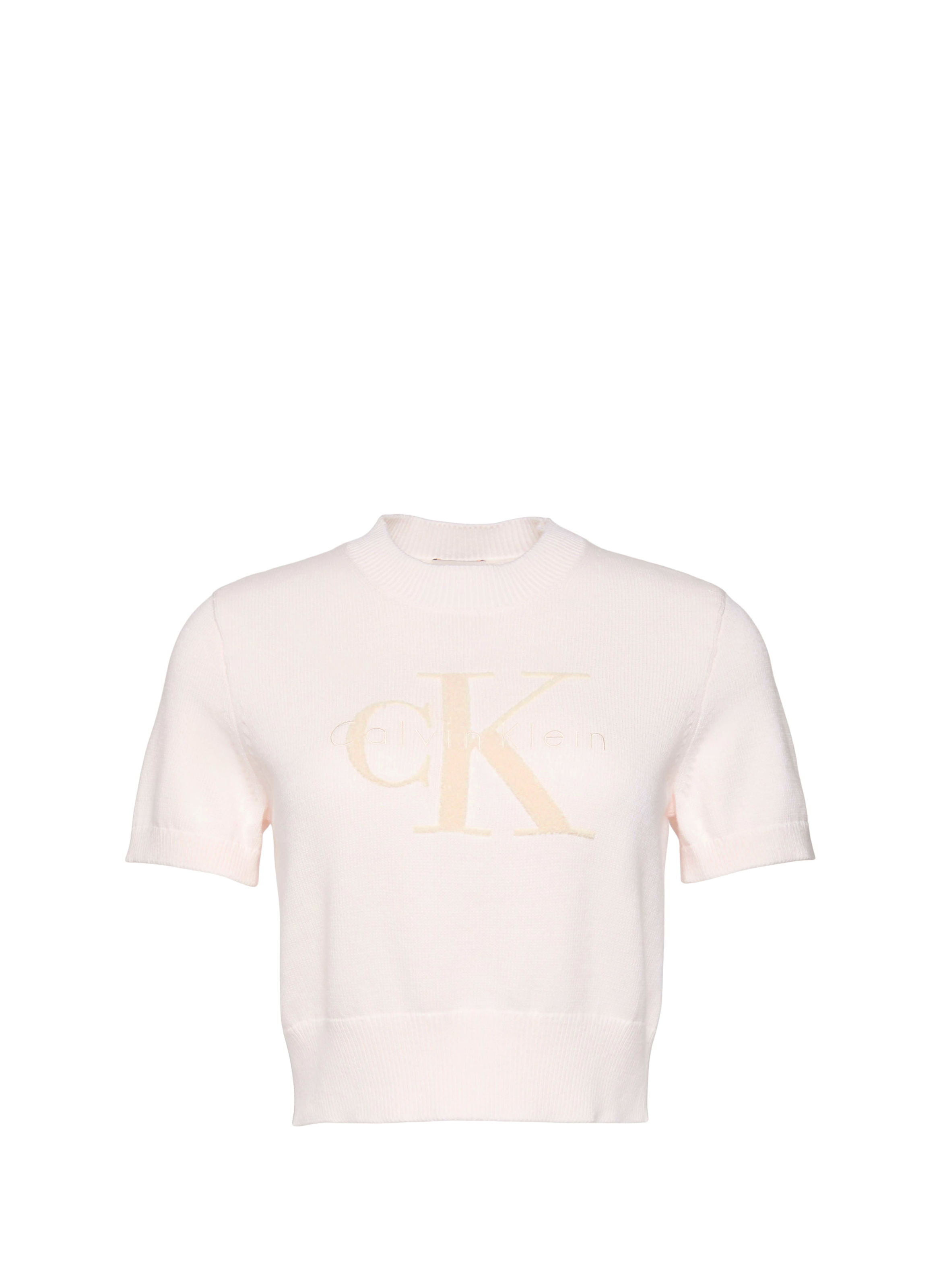 Pull manches courtes à logo en coton CALVIN KLEIN Beige