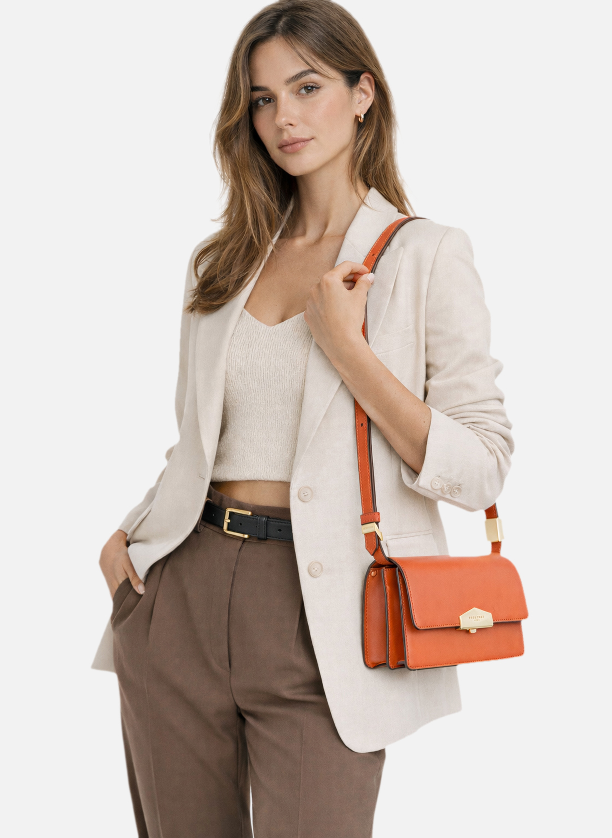 Anjou | sac porté épaule pm en cuir lisse | Orange POURCHET Femme