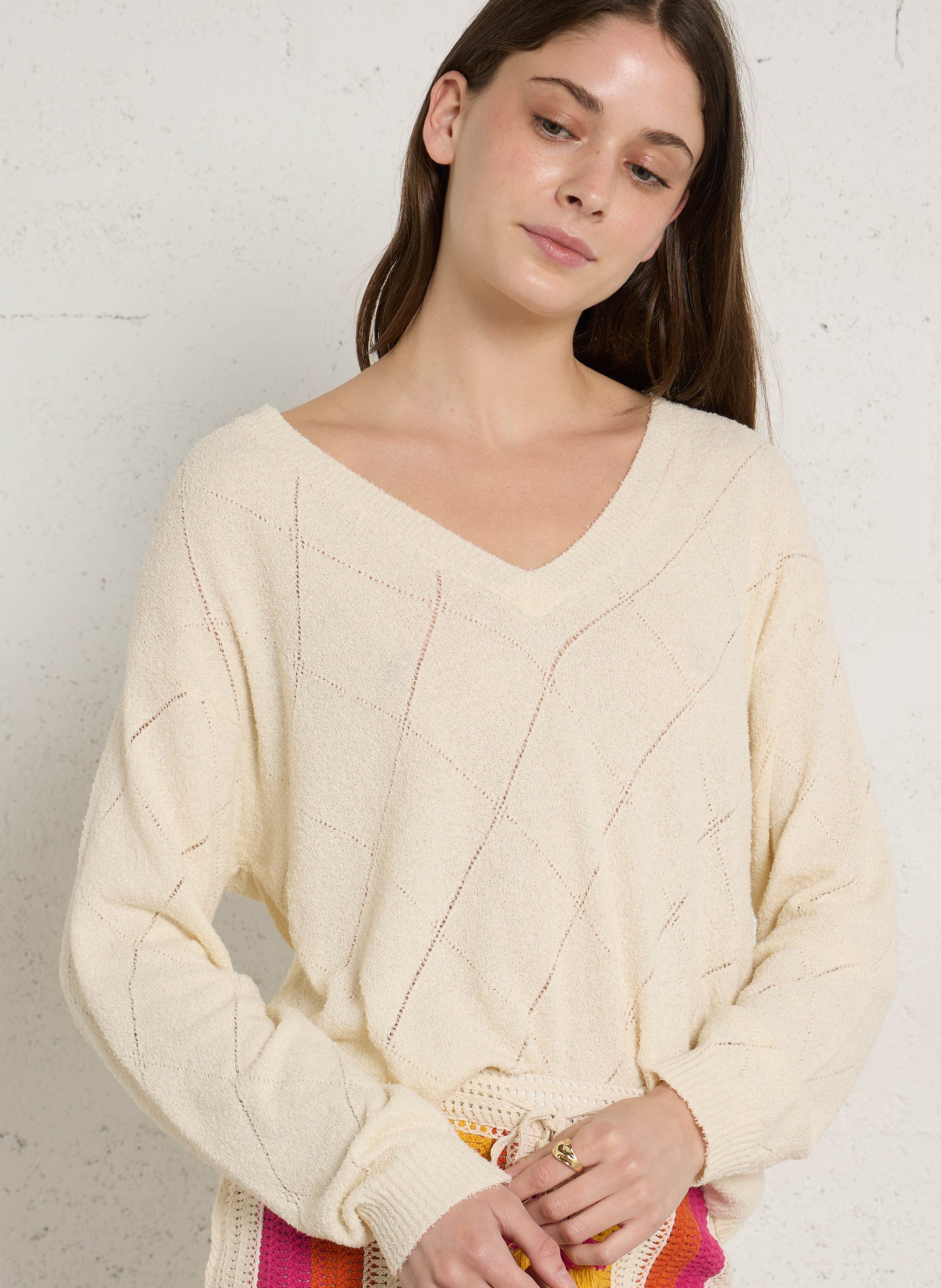Pull droit col v en coton mélangé nagoo AMERICAN VINTAGE Blanc