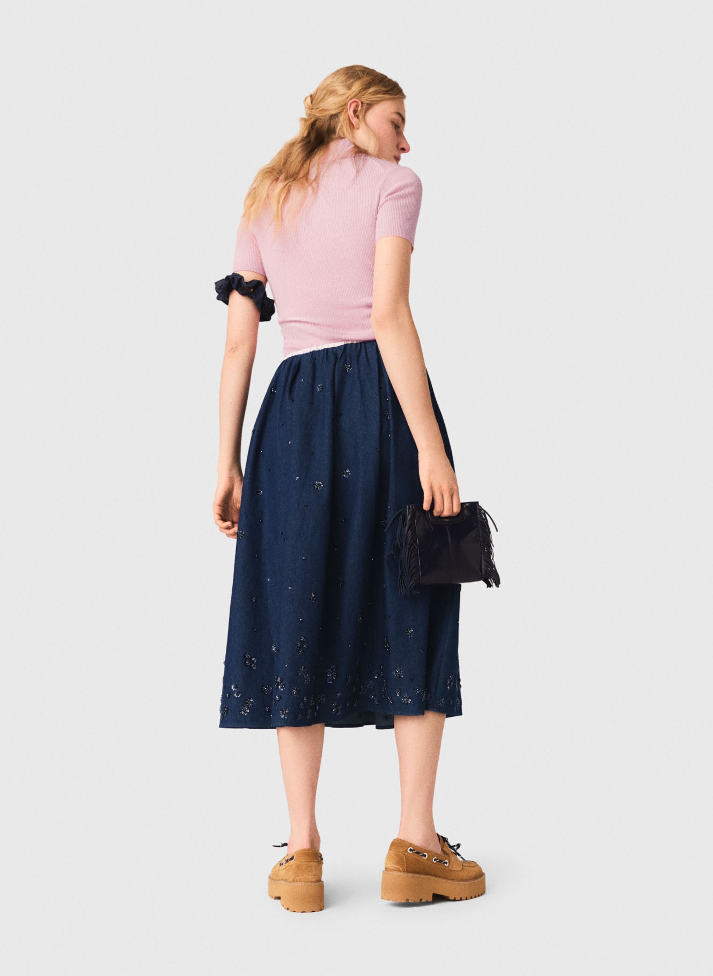 Jupe midi ample en coton MAJE Bleu