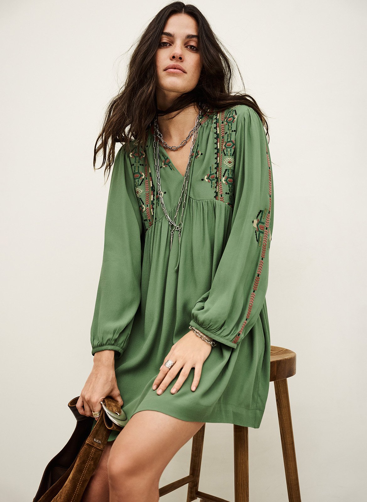 Robe courte ample brodée telma BA&SH Vert