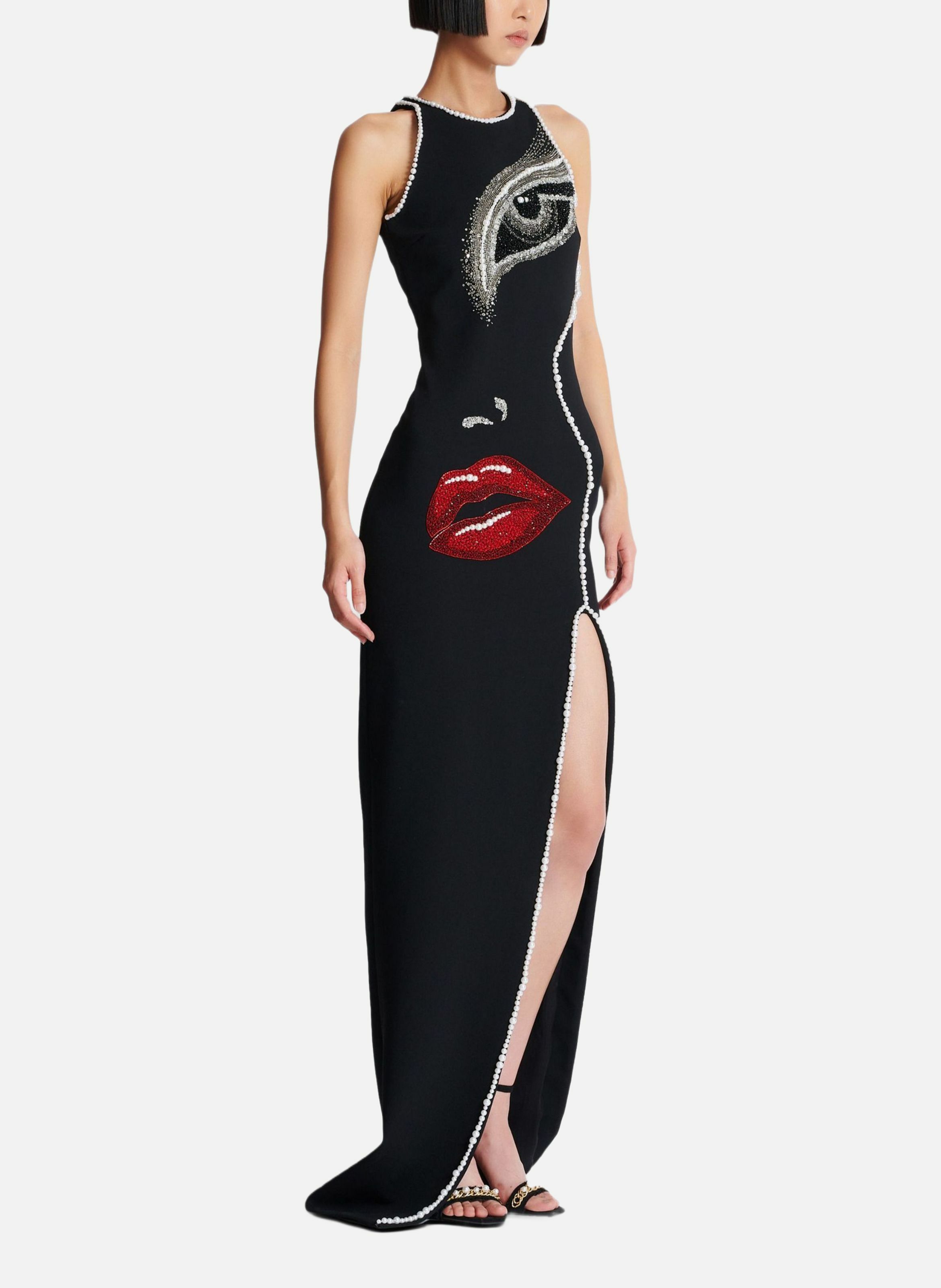 Robe longue brodée motif face BALMAIN Noir