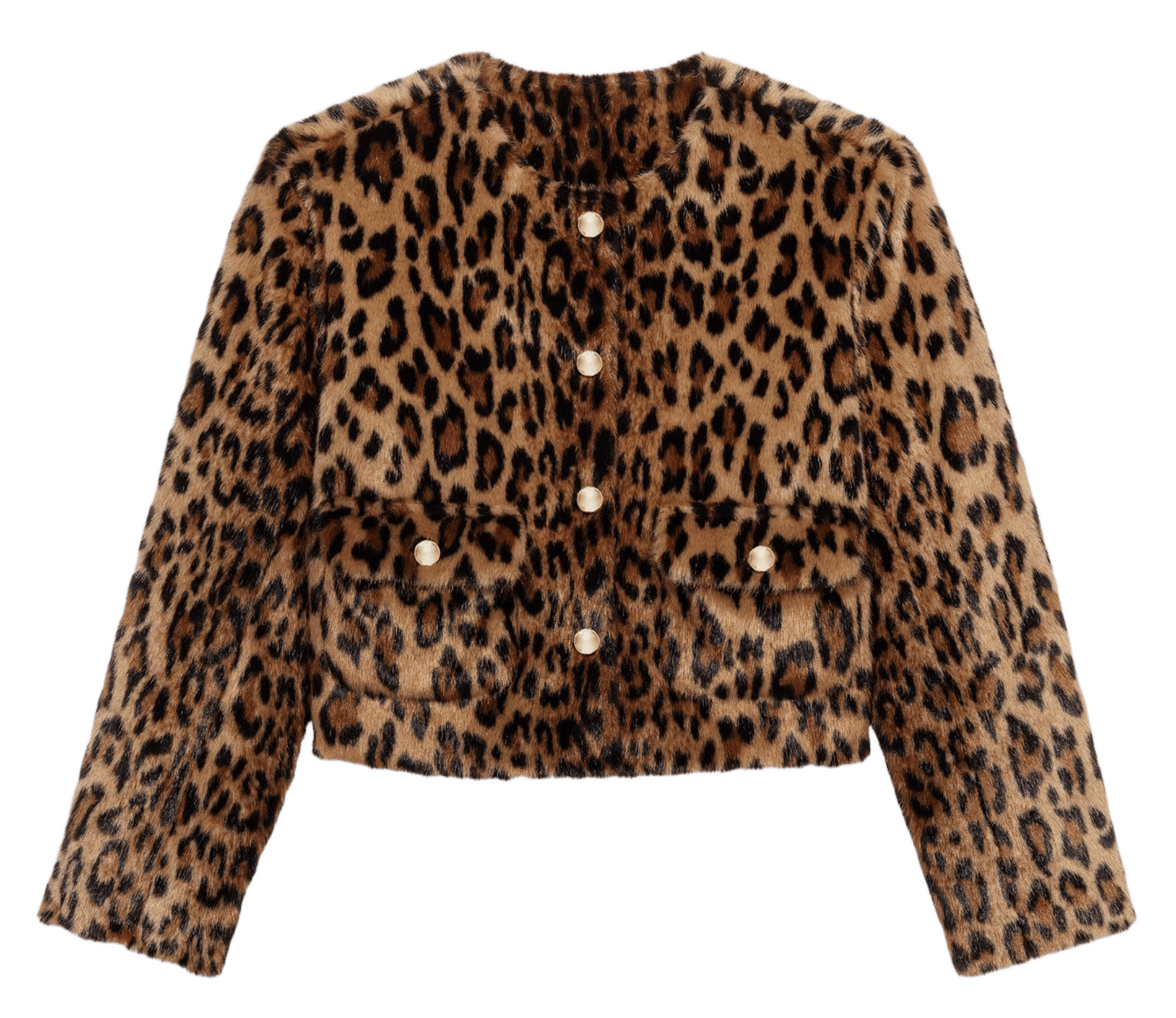 Veste droite col rond en fourrure synthétique imprimé Marron