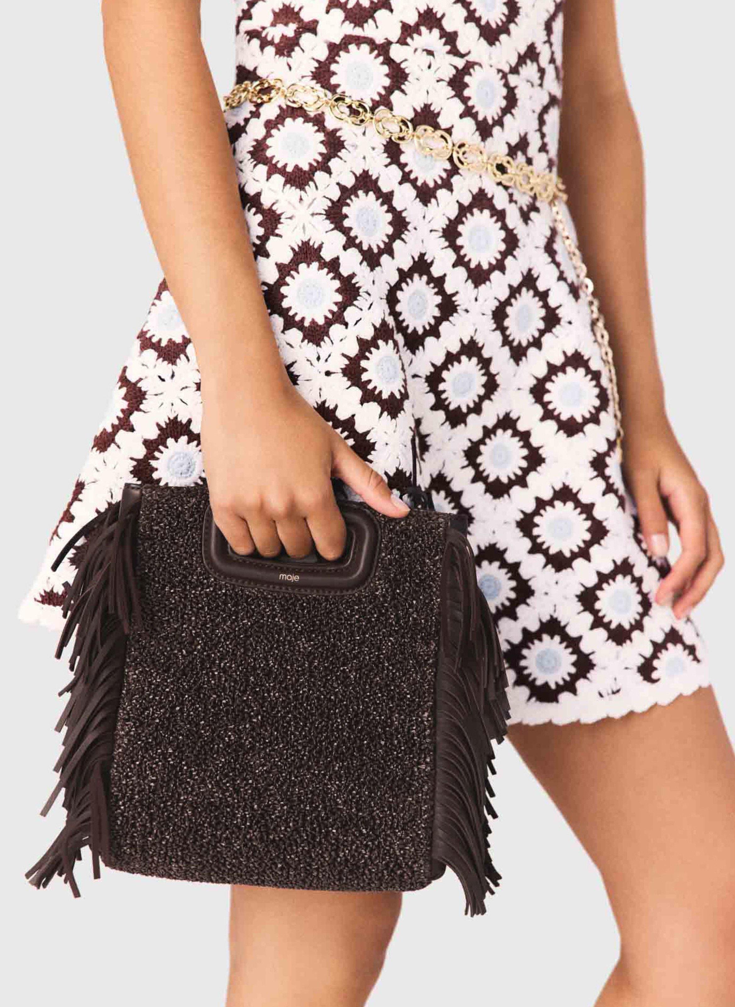 Sac bandoulière à perles et franges m MAJE Marron