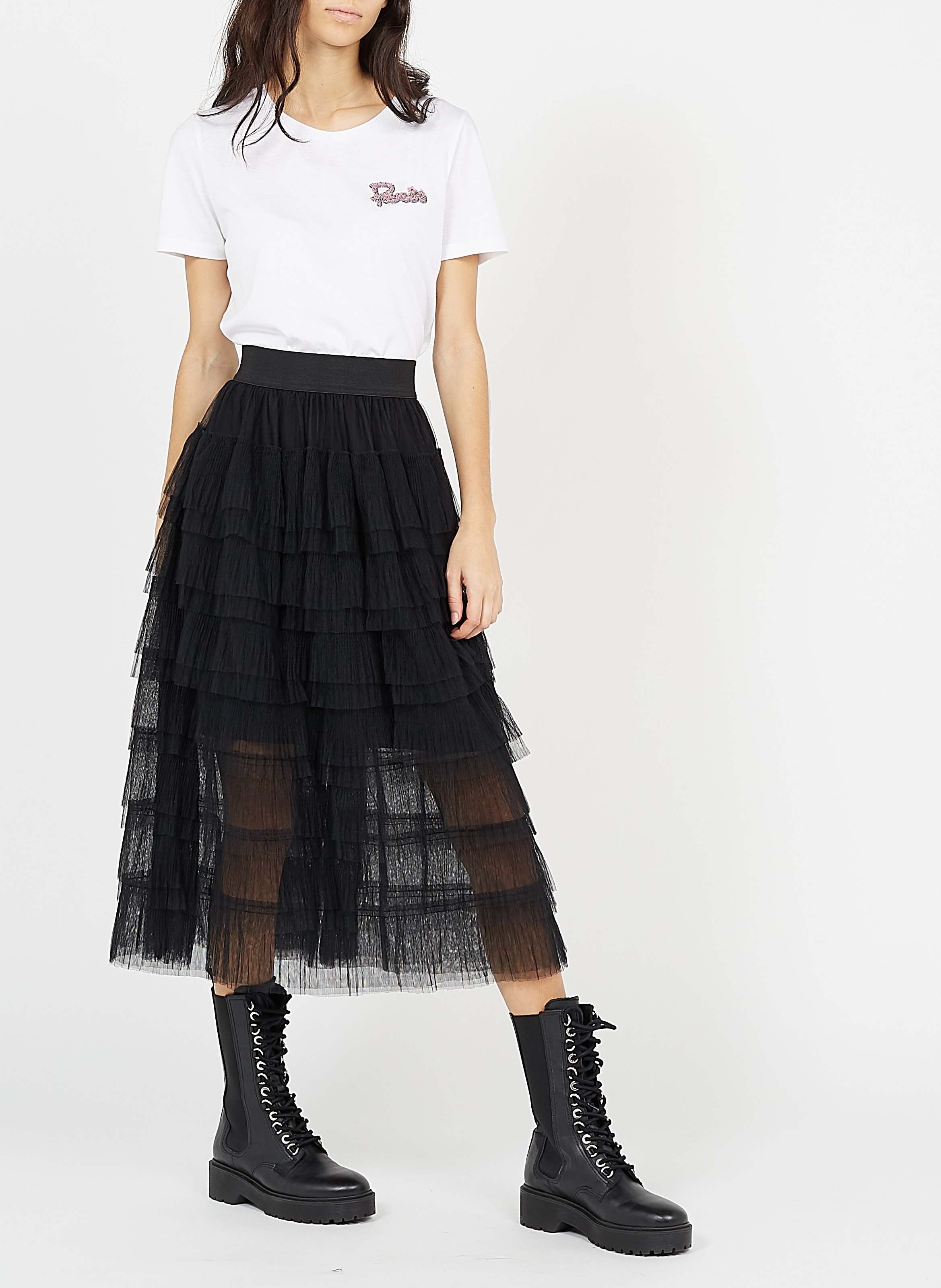 Jupe midi à volants en tulle MAJE Noir