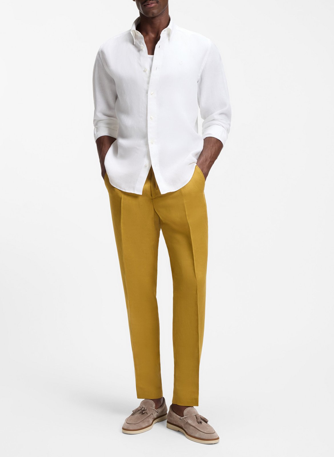 Chemise en lin col classique BOSS Blanc