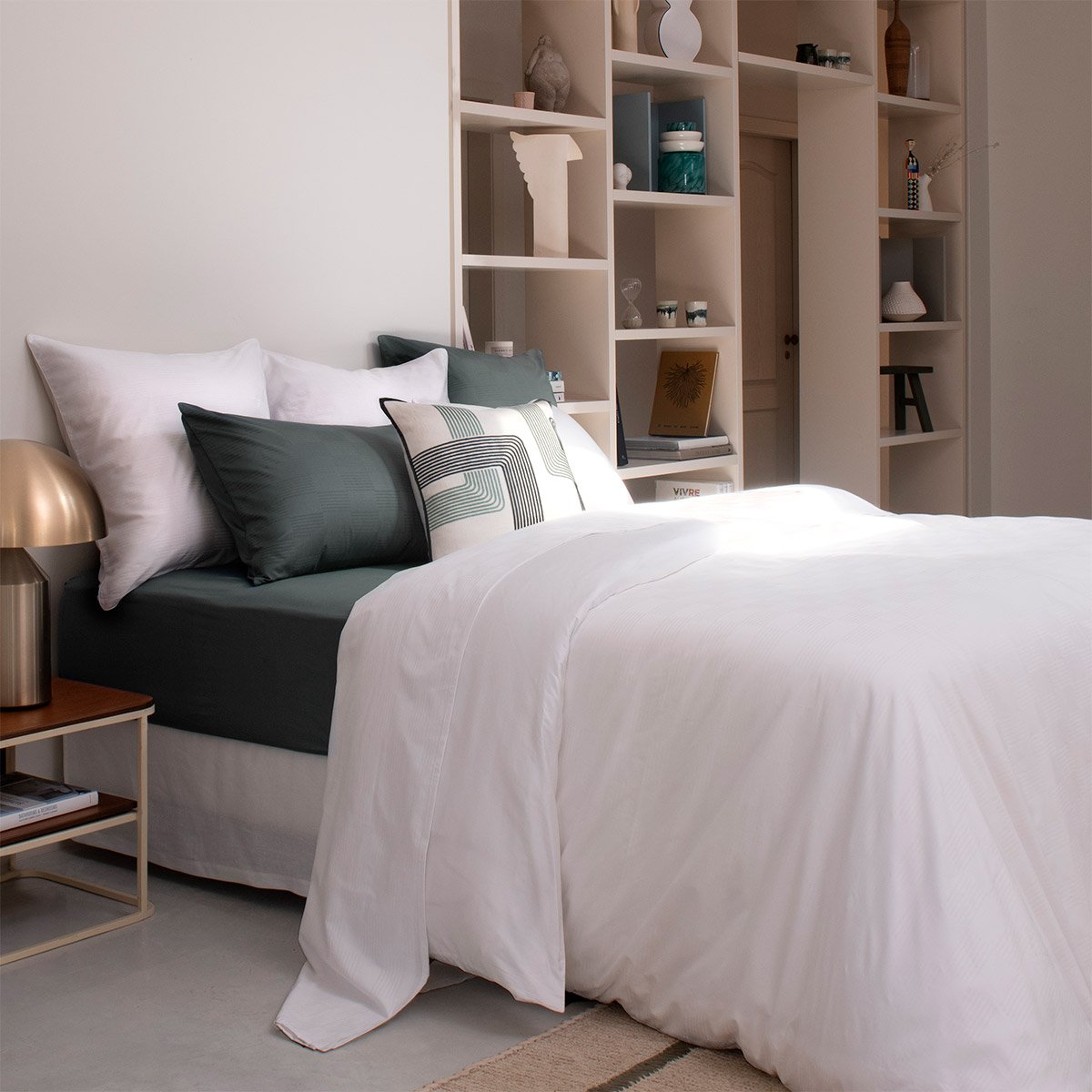 Taie d'oreiller en satin de coton, damier | Blanc DESFORGES Maison