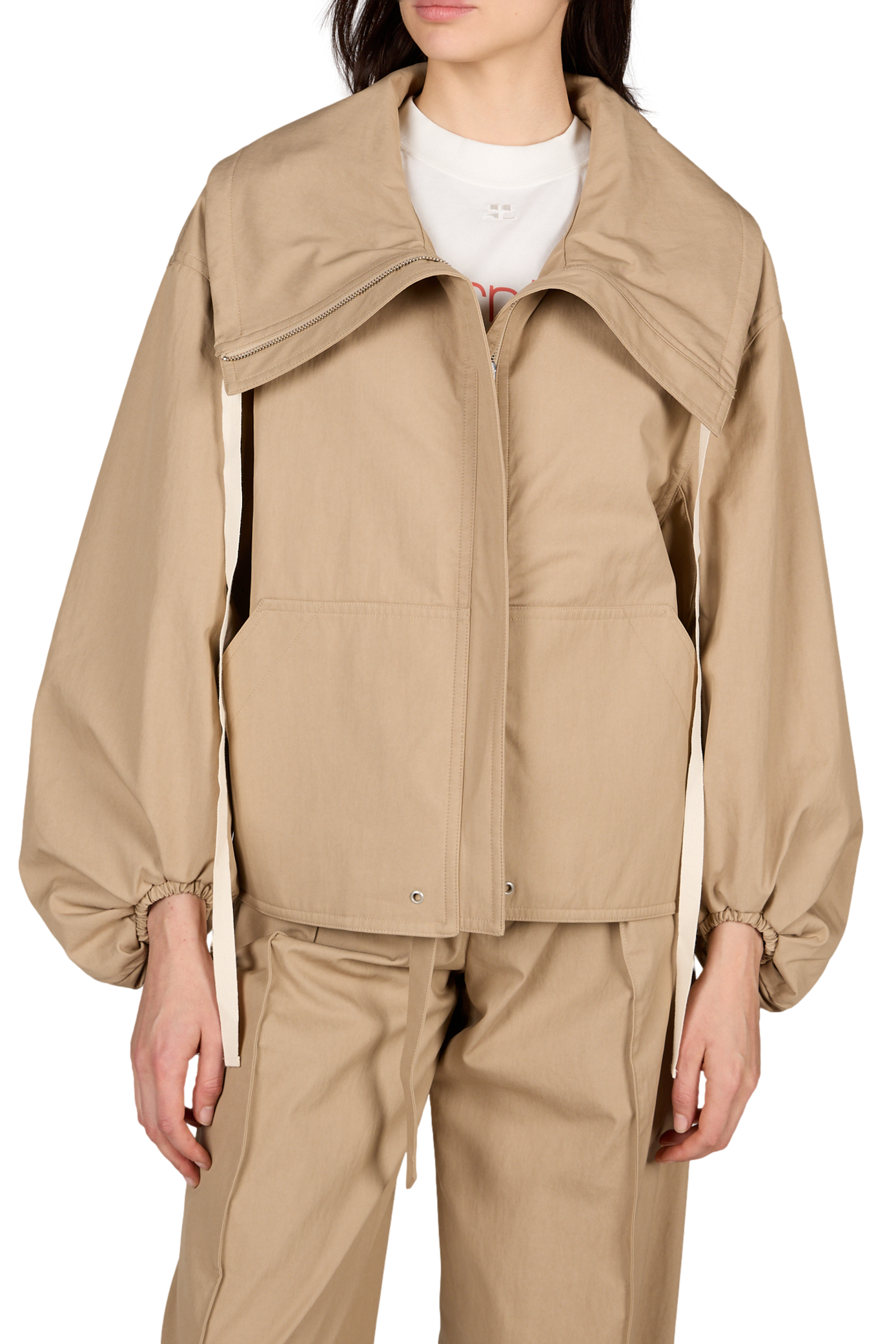 Veste à col montant et manches ballon en coton mélangé CO Marron
