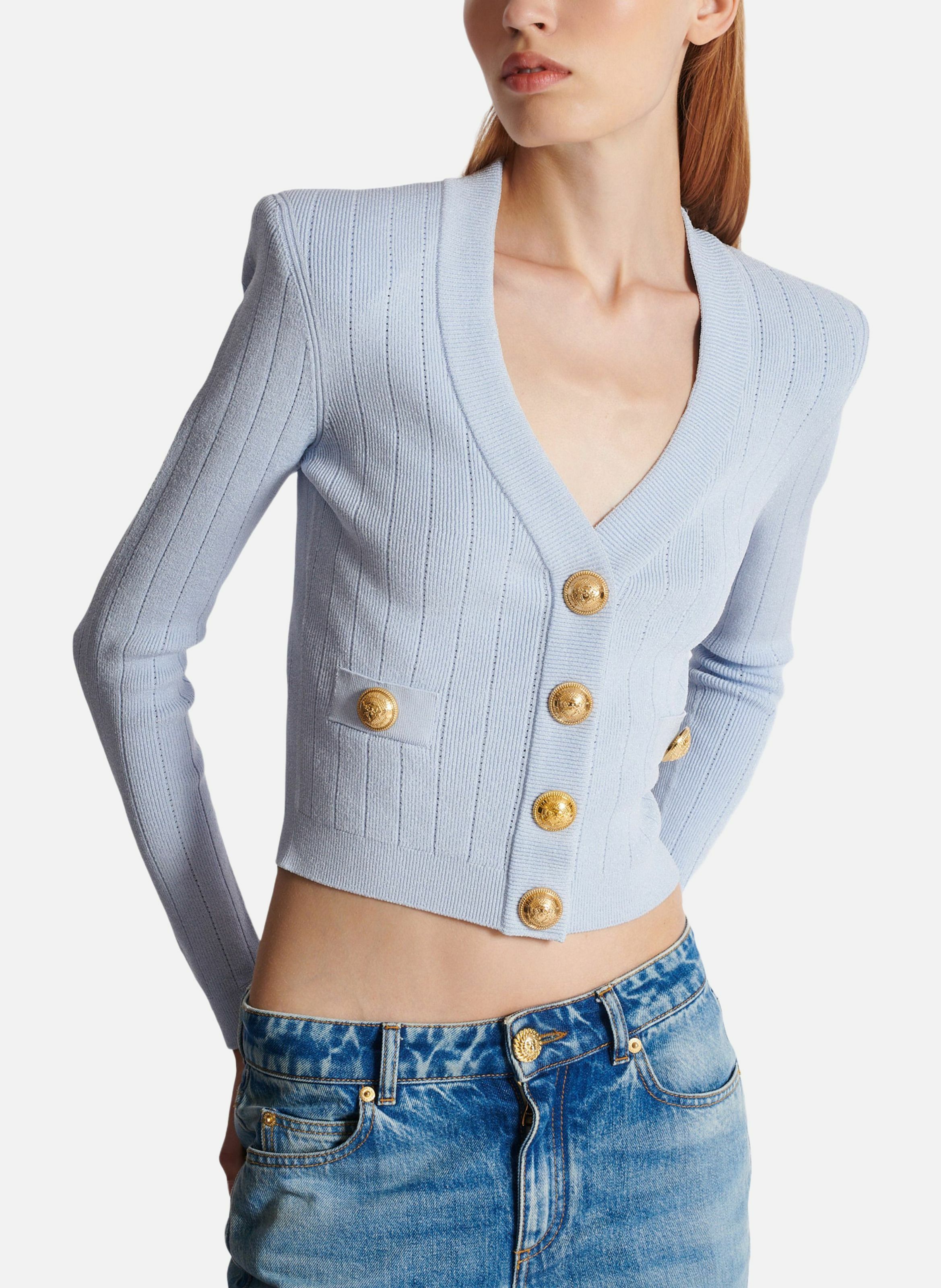 Cardigan court en maille BALMAIN Bleu