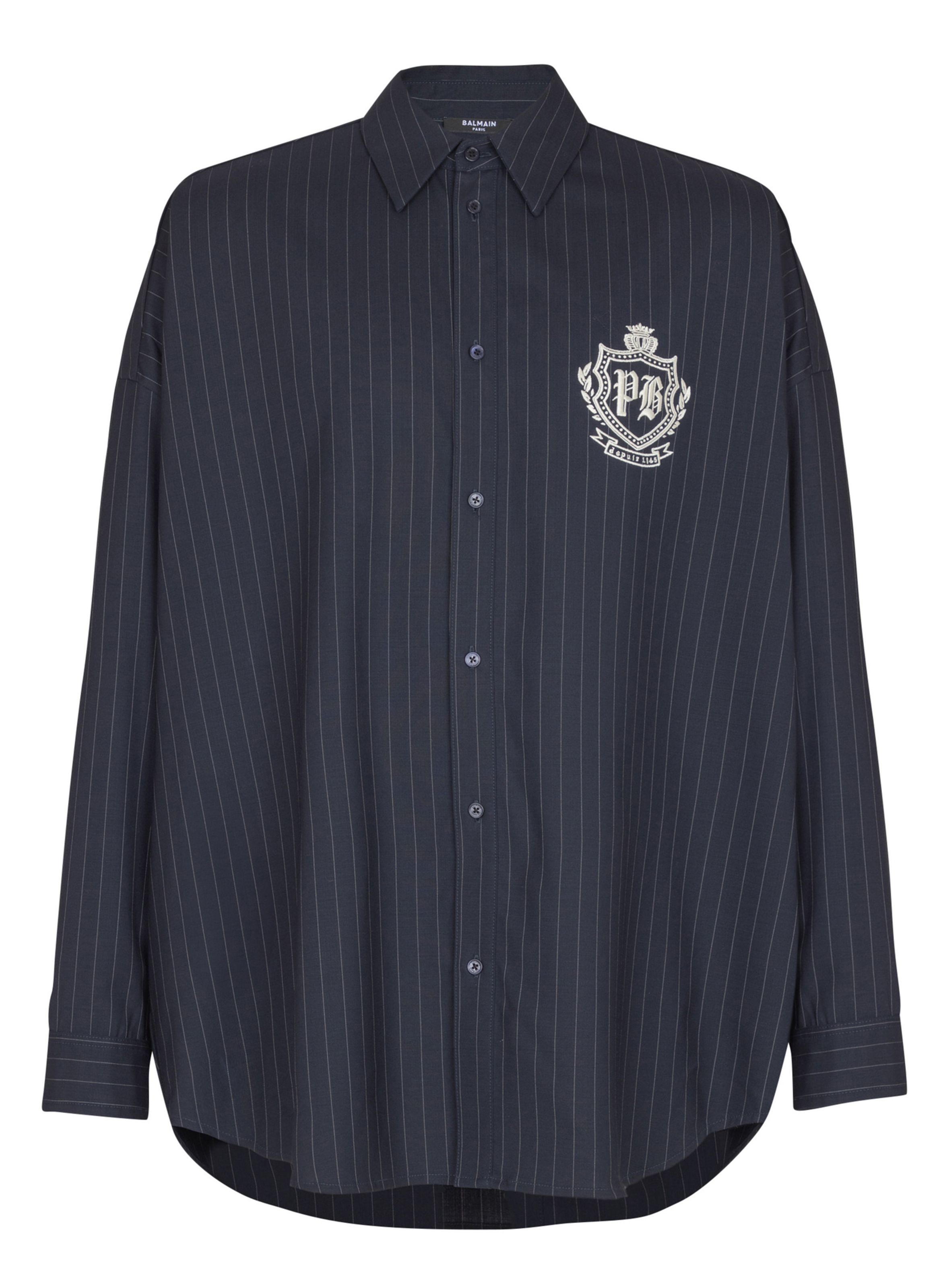 BALMAIN Chemise en laine à rayures college emblem Bleu