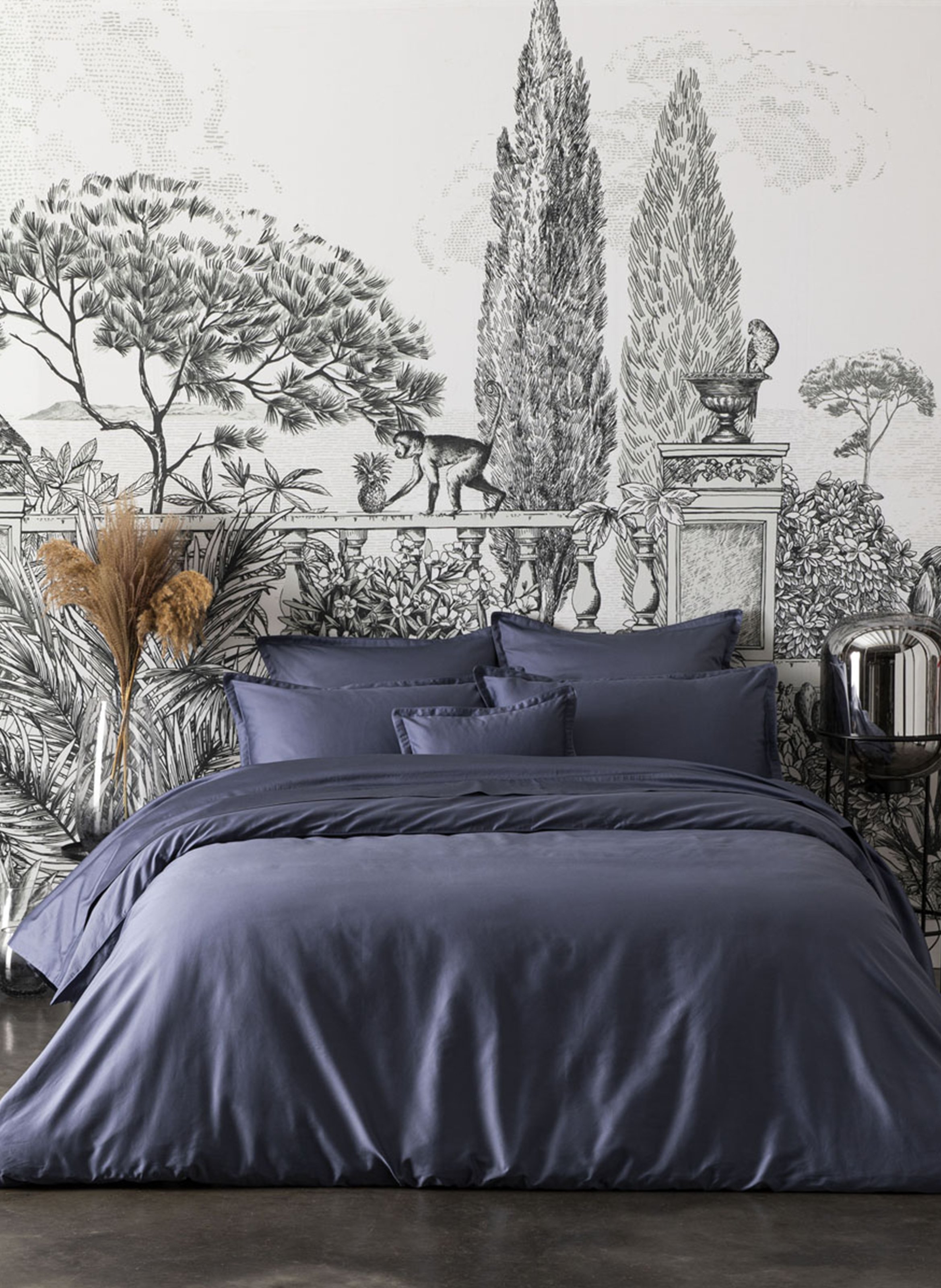 Housse de couette unie en satin de coton bio, teophile  Bleu marine