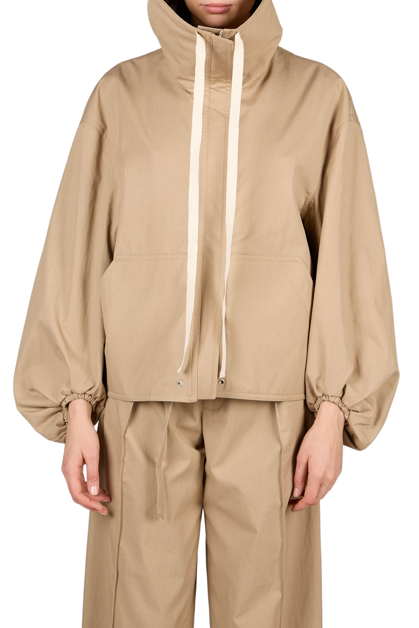 Veste à col montant et manches ballon en coton mélangé CO Marron