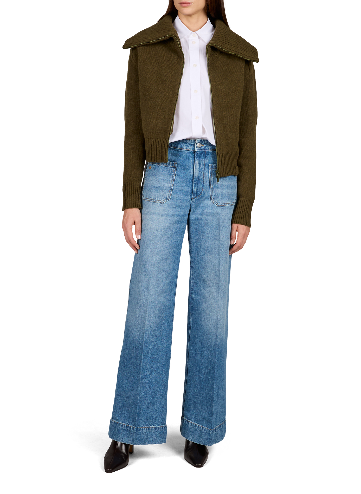 Oversized wool blend trucker collar vest. VICTORIA BECKHAM Khaki
