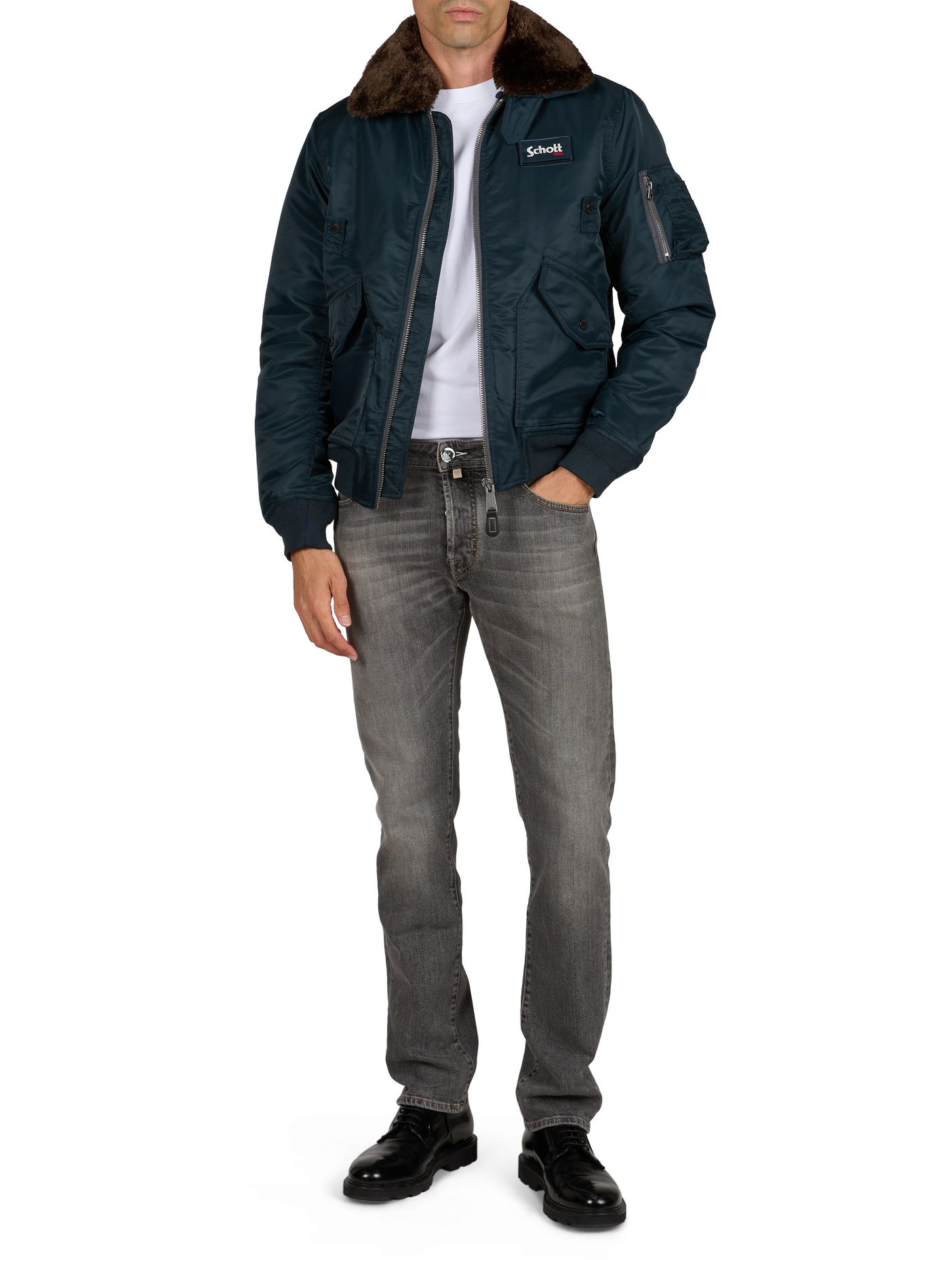 Gerader Unifarben Bomber mit Logo SCHOTT Blau