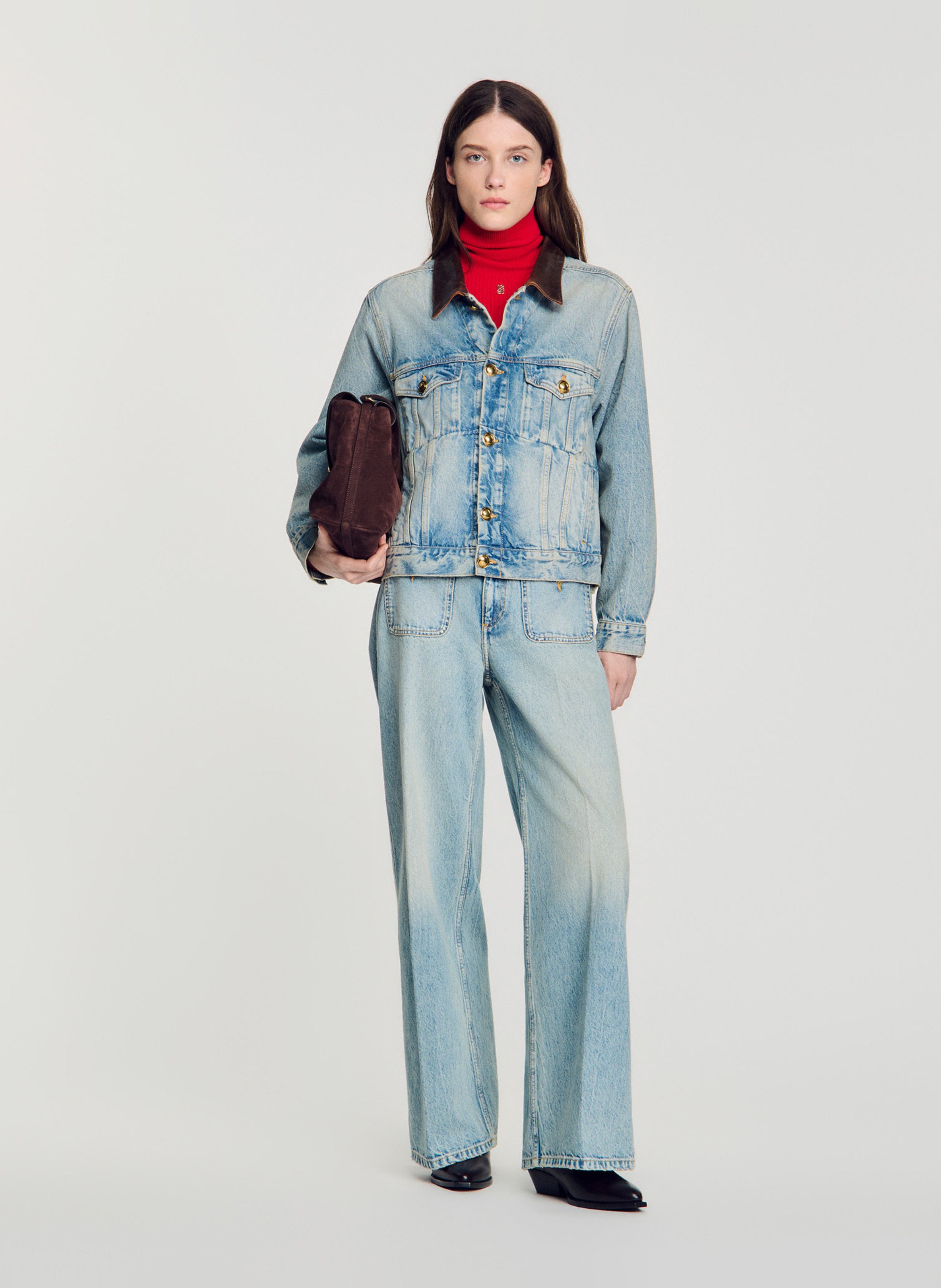 Veste droite en jean à col en cuir SANDRO Bleu