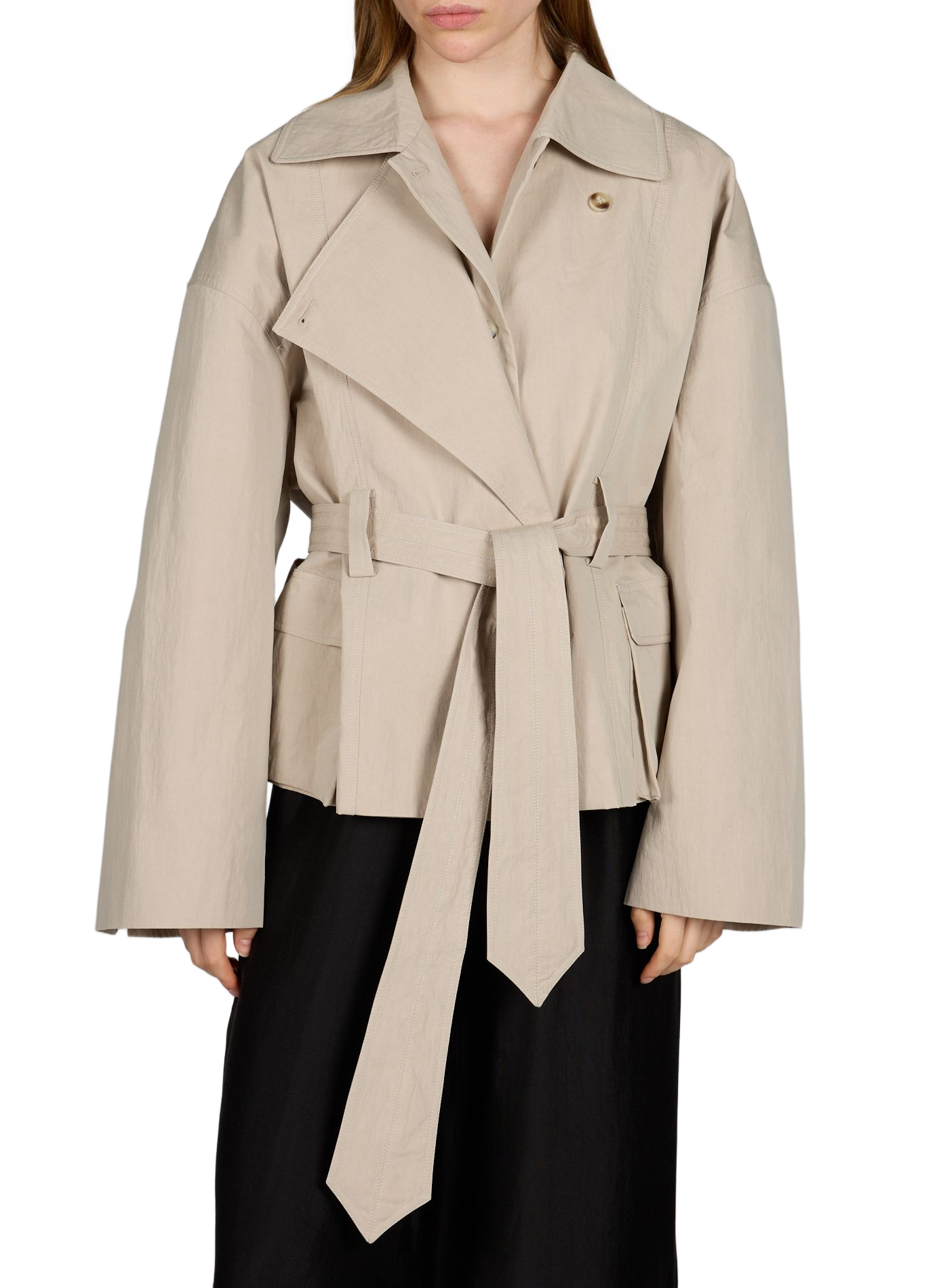 Kurzer Trenchcoat mit asymmetrischem Kragen aus Baumwollmischung. VIKTORIA CHAN Beige
