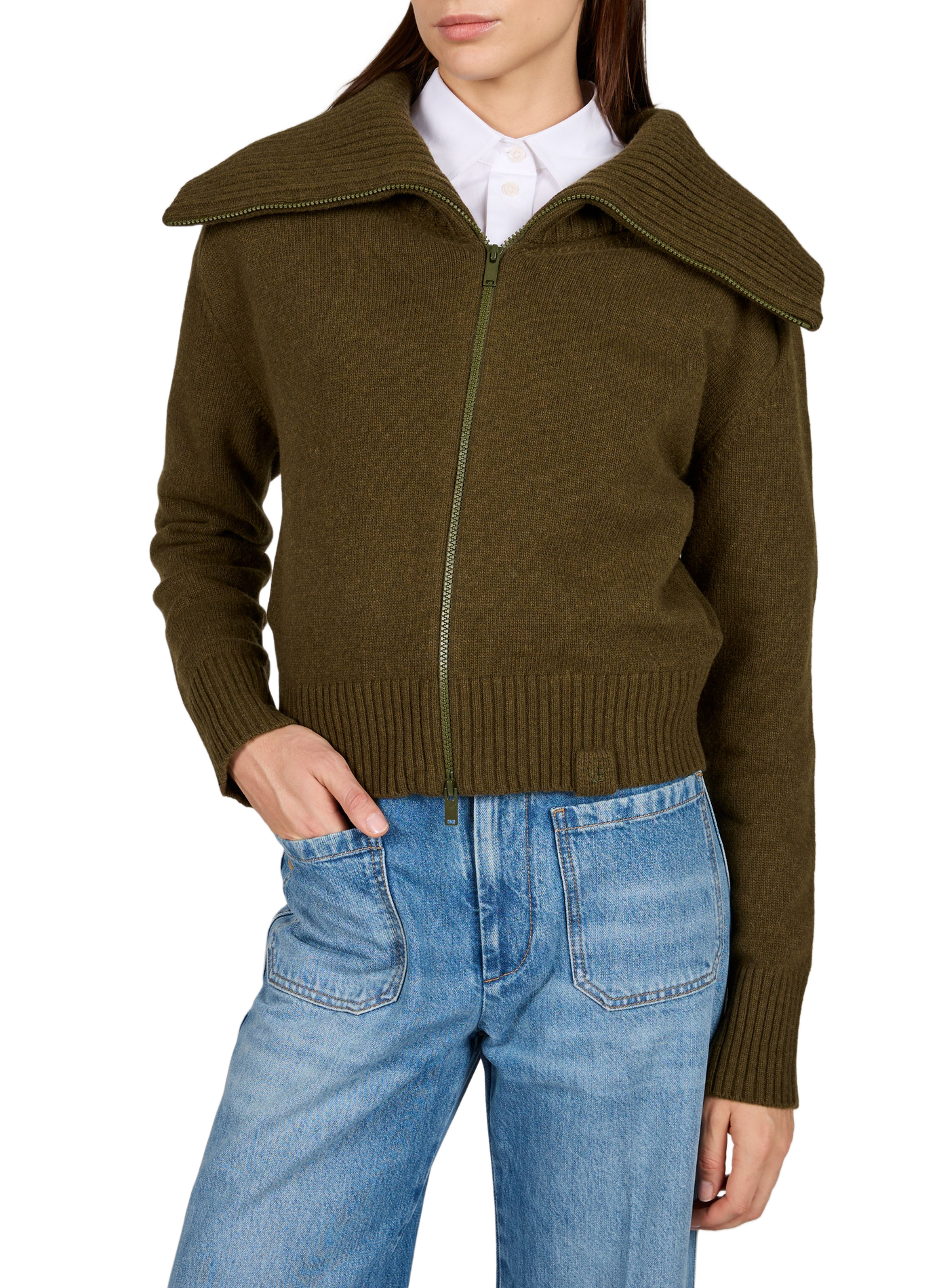 Oversized wool blend trucker collar vest. VICTORIA BECKHAM Khaki