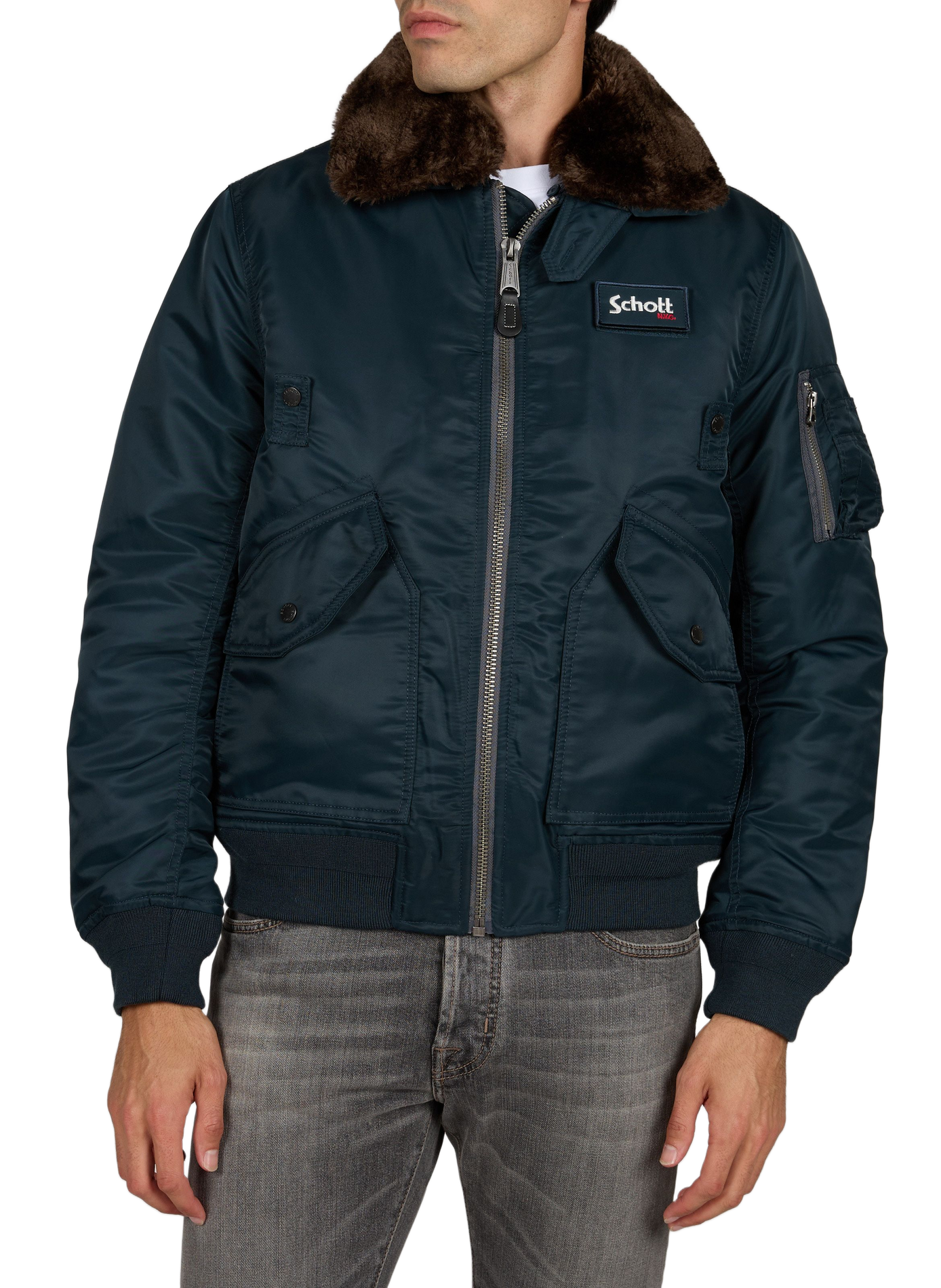 Gerader Unifarben Bomber mit Logo SCHOTT Blau