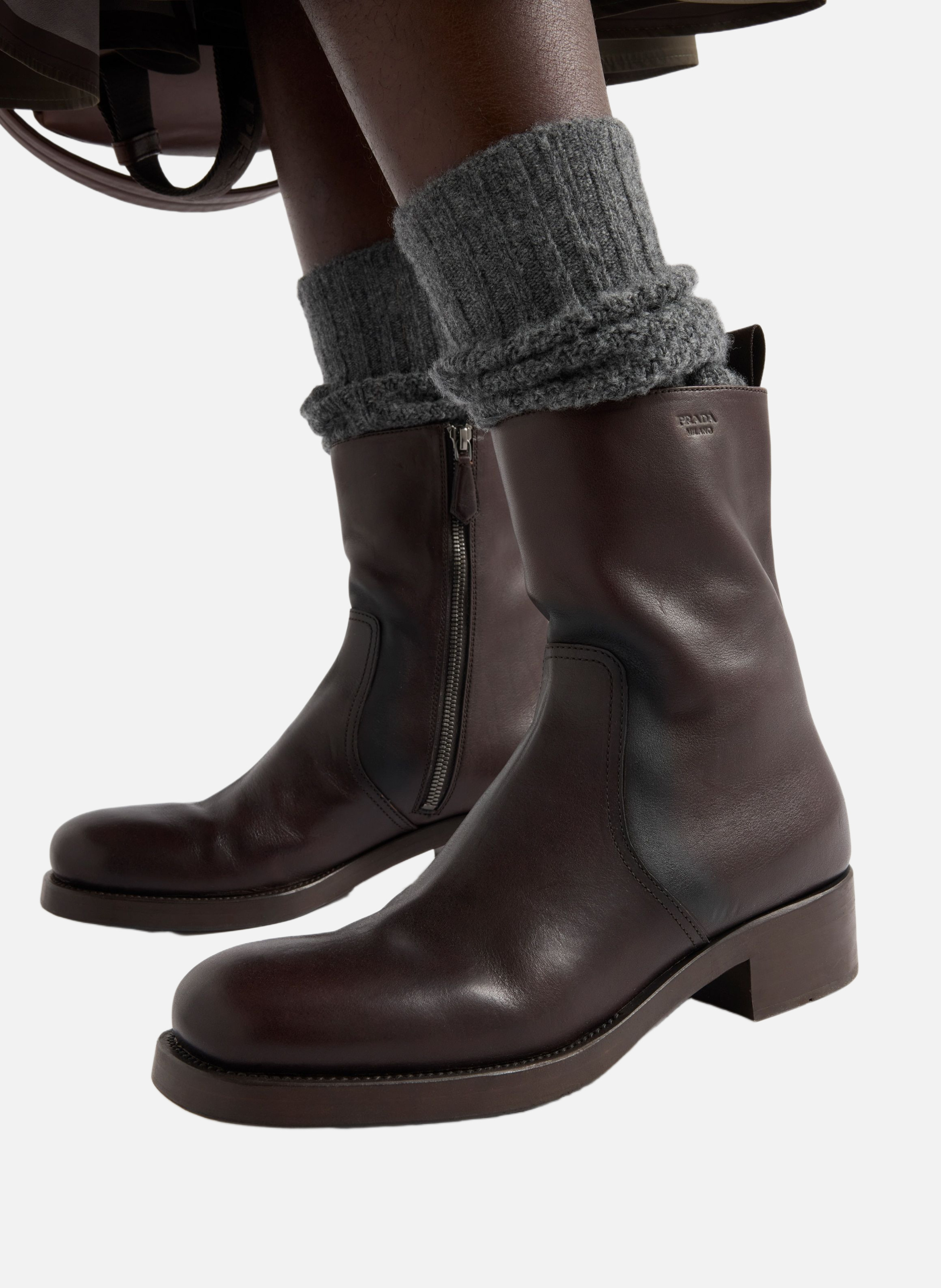 Bottes mi-mollet en cuir PRADA Marron