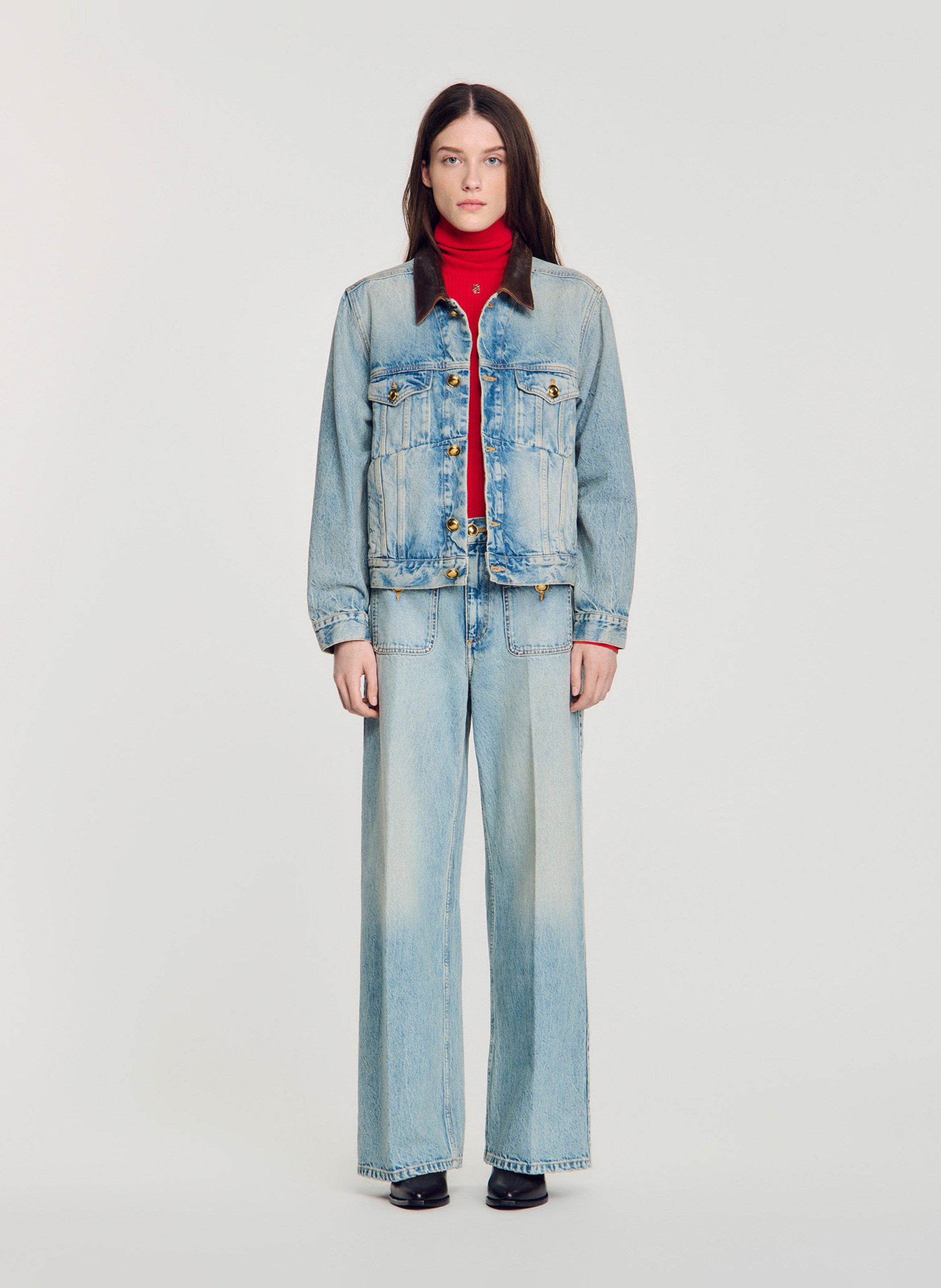 Veste droite en jean à col en cuir SANDRO Bleu