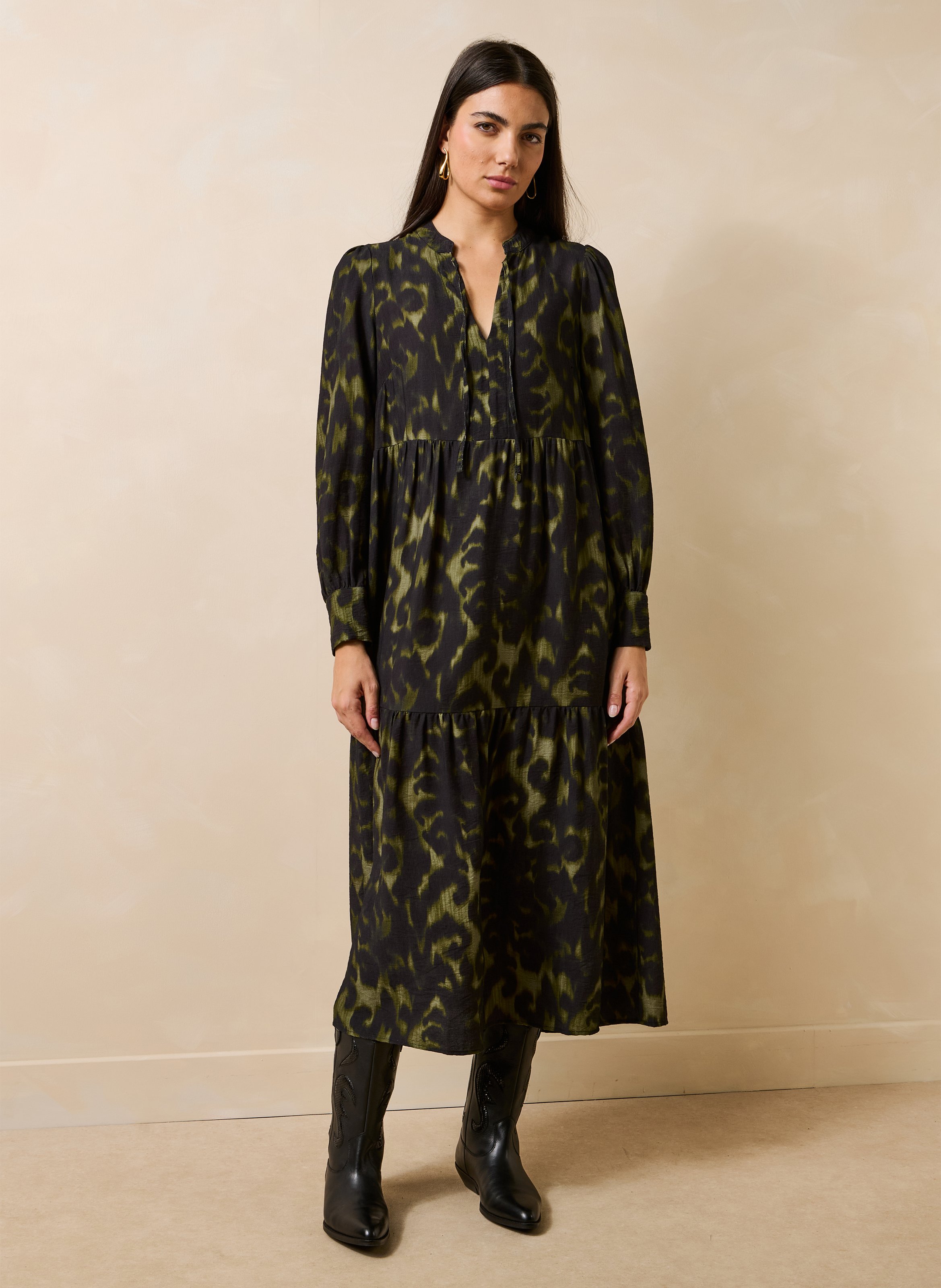 Lange jurk met losse pasvorm en print LA FEE MARABOUTEE Groen