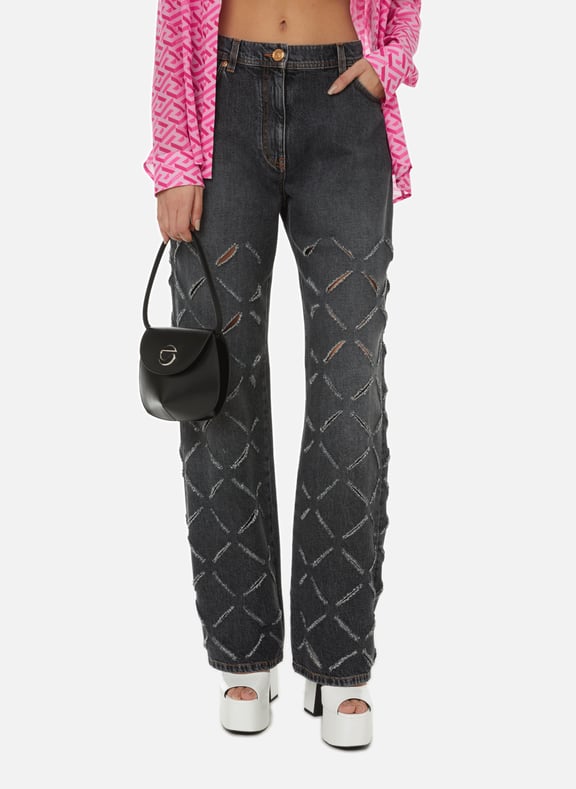 Straight-cut jeans with laser cut-out details Grey by VERSACE VERSACE Straight-cut jeans with laser cut-out details Grey